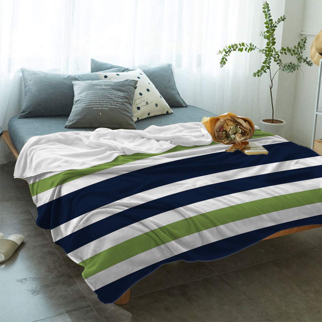 Soft Flannel Fleece Throw Blanket - Navy Blue, Lime Green & White Striped Plush Blanket | 60x80 Inch Cozy Velvet Blanket for Bed, Couch & Kids | Lightweight Fuzzy Blanket for Winter, Movie Nights & Home Decor