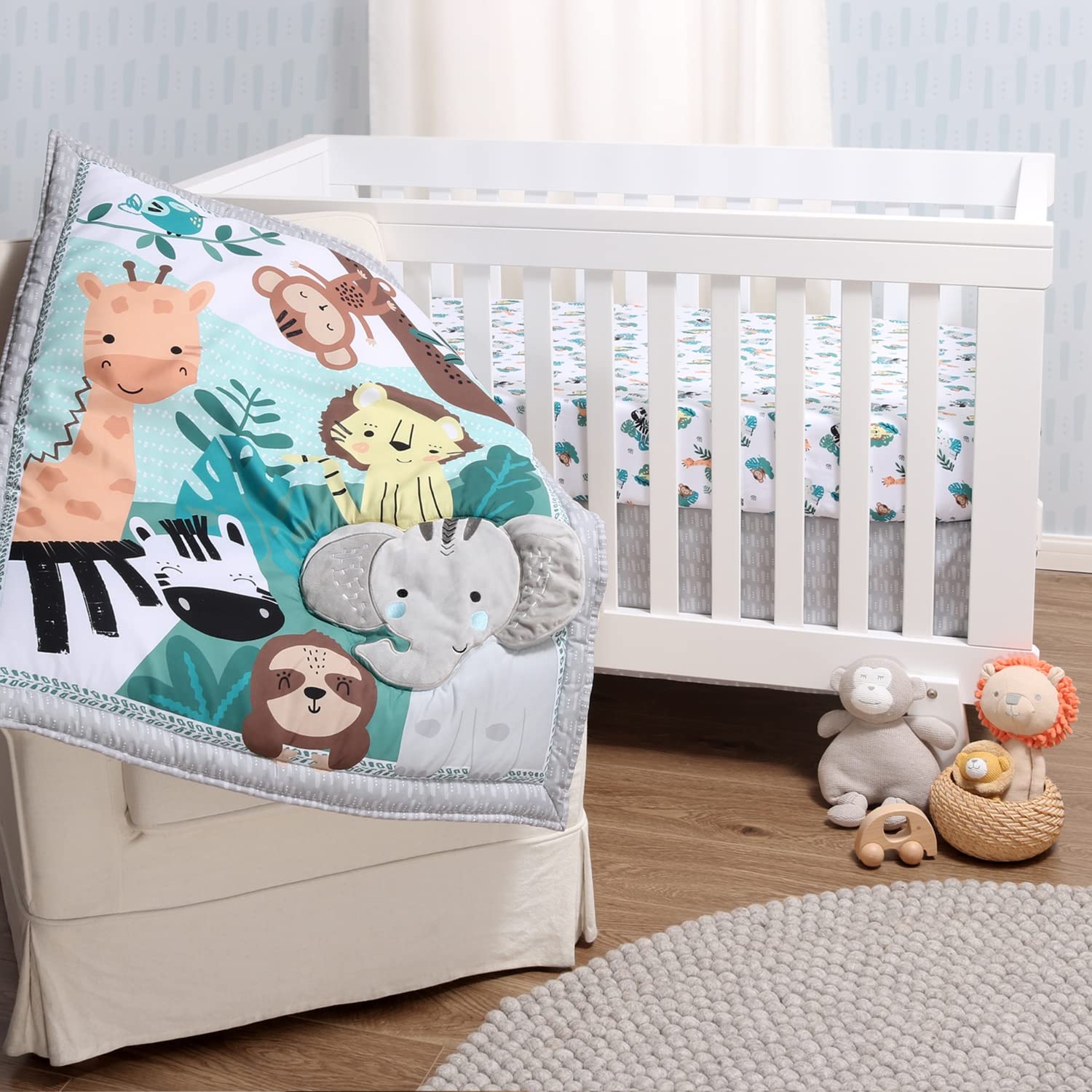 The Peanutshell 3-Piece Baby Crib Bedding Set for Boys & Girls - Soft Nursery Bedding with Fitted Crib Sheet, Dust Ruffle & Comforter - Safari Adventures Theme - Perfect for Newborn, Infant & Toddler Nursery Decor | Ideal for Baby Showers & Cozy Nursery Setup