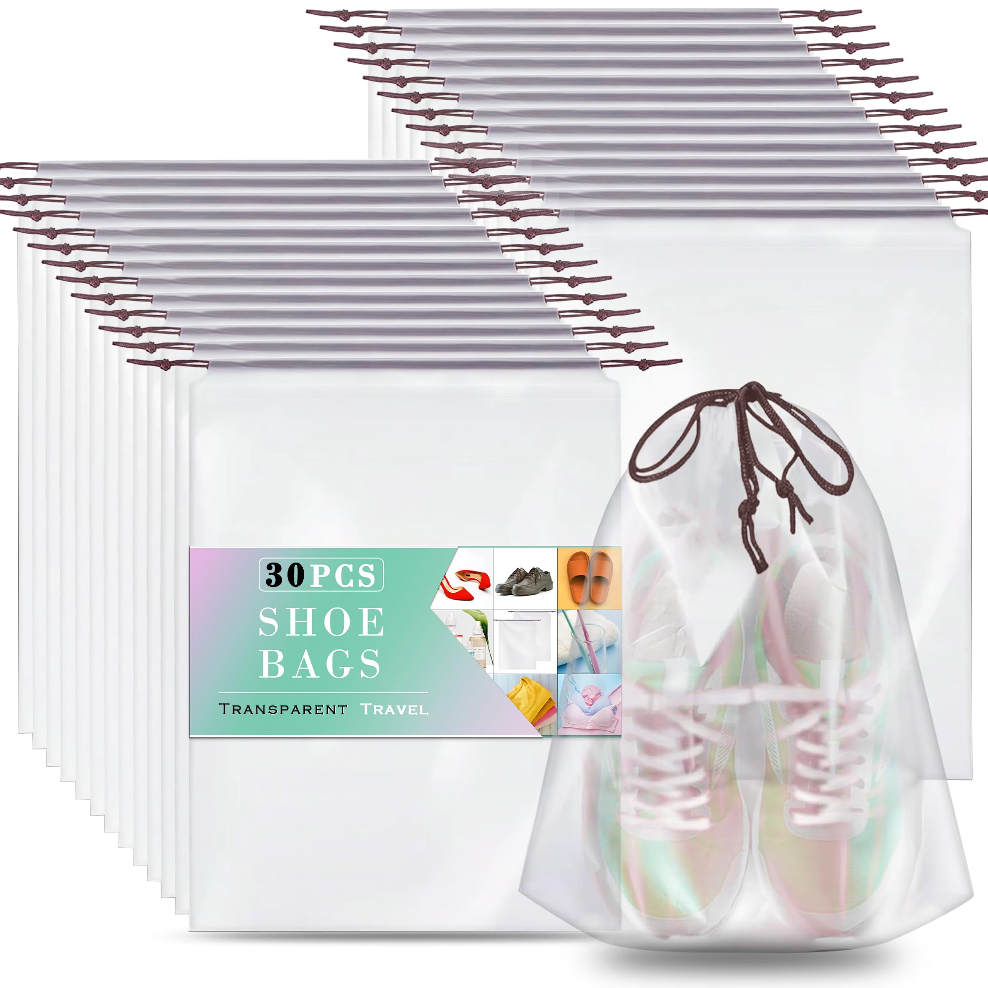 30 Pack Clear Waterproof Shoe Bags for Travel & Storage - 11.8” x 15.7” Transparent Drawstring Dust Bags for Men & Women - Perfect for Packing, Shoe Organization, Closet & Luggage Protection