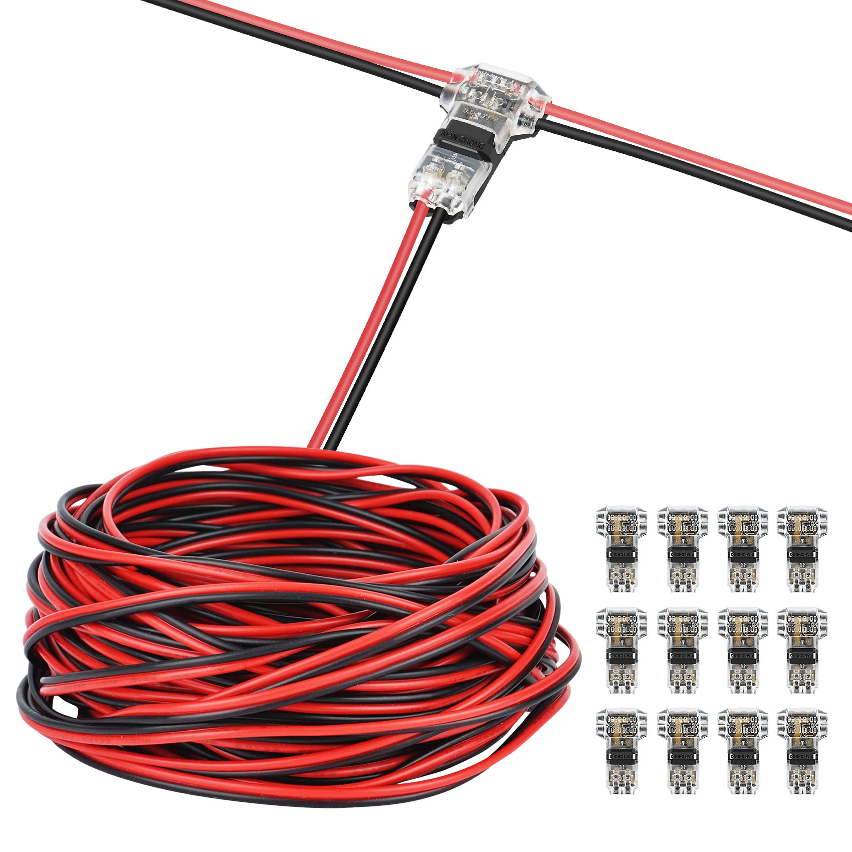 22 Gauge AWG 65.6ft LED Extension Cable with 12PCS 3-Way T-Tap Connectors - Low Voltage 2 Pin Wire Kit for LED Strips, Landscape Lighting & DIY Projects - No Wire Stripping Required