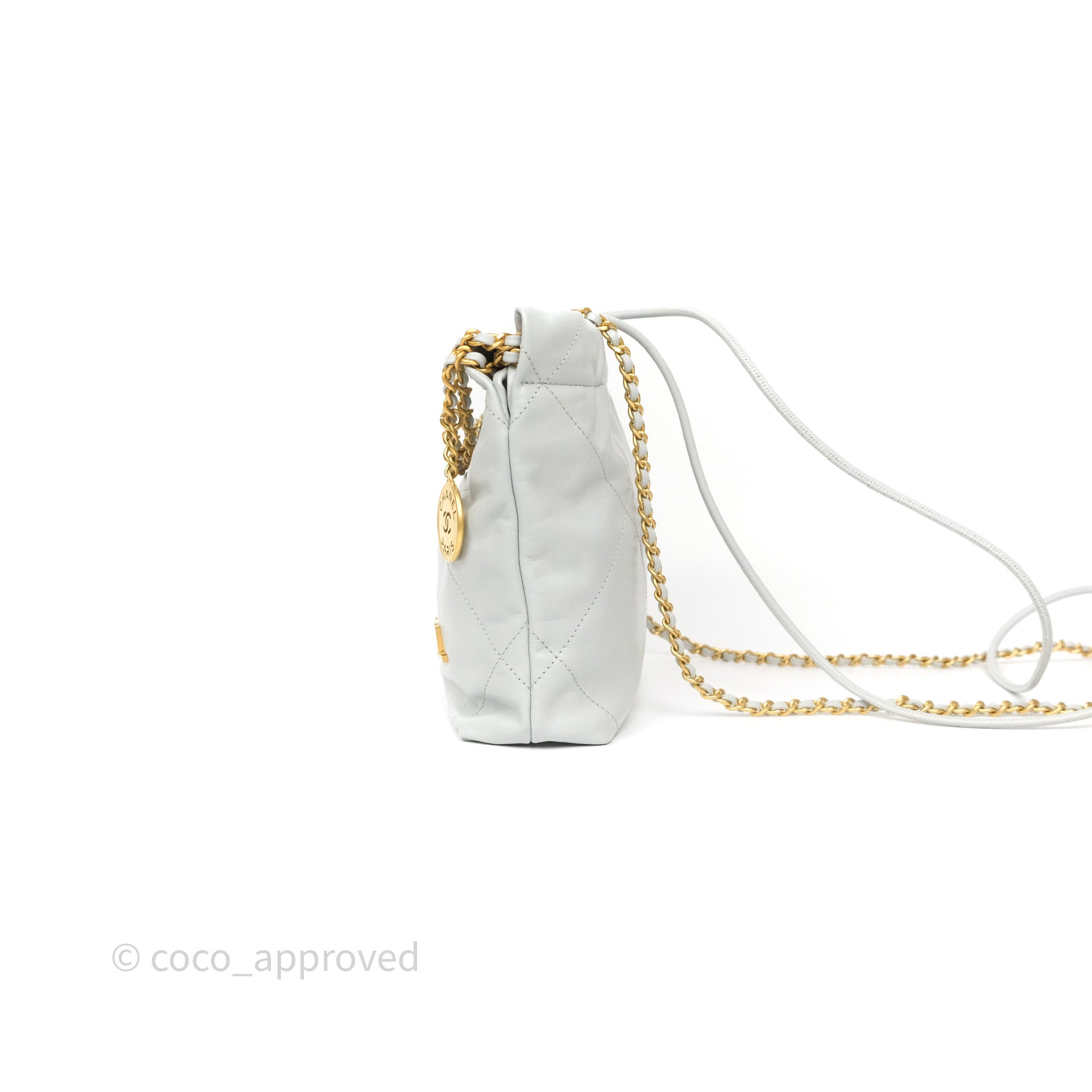 Chanel 22 Mini Bag Light Blue Shiny Crumpled Calfskin with Aged Gold Hardware - Luxury Crossbody Purse for Women, Perfect for Date Night & Evening Events
