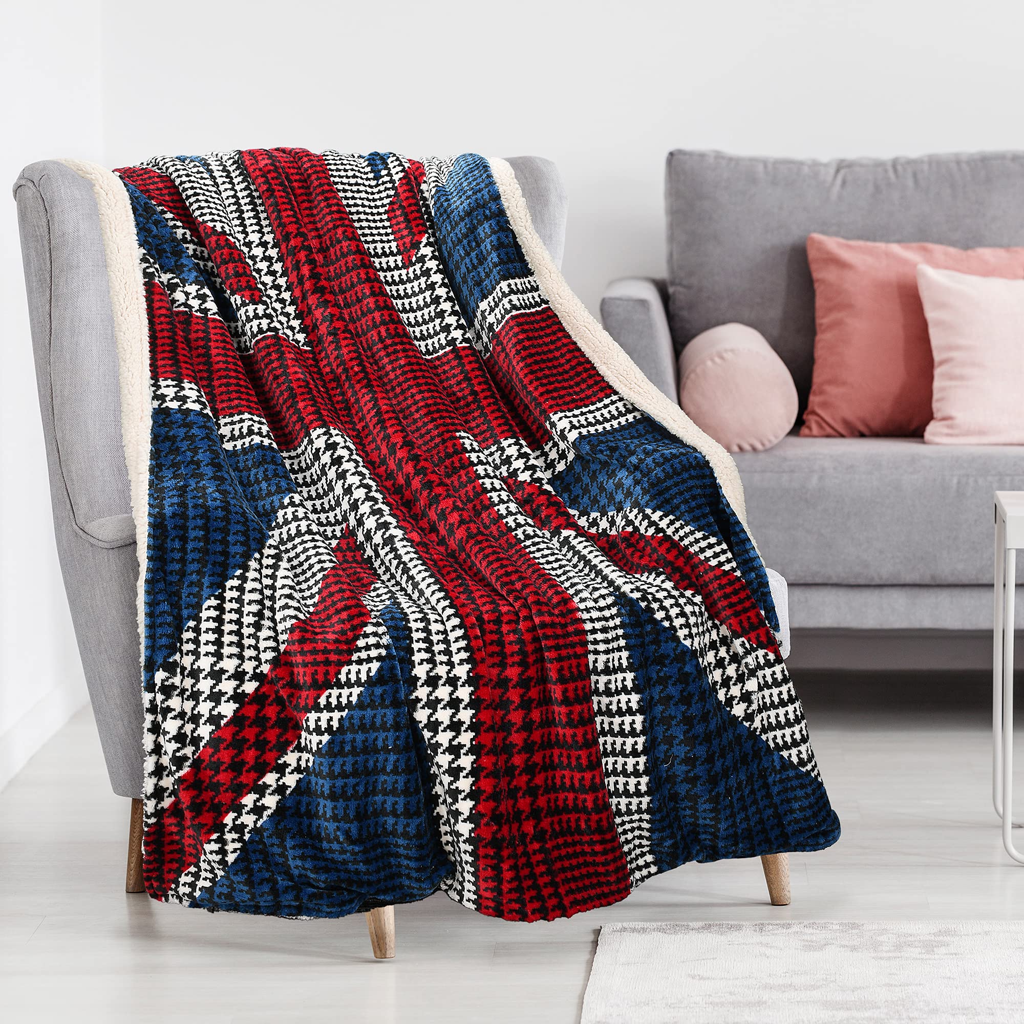 UK Flag Patriotic Sherpa Throw Blanket - Super Soft Reversible Fleece Plush Blanket 50
