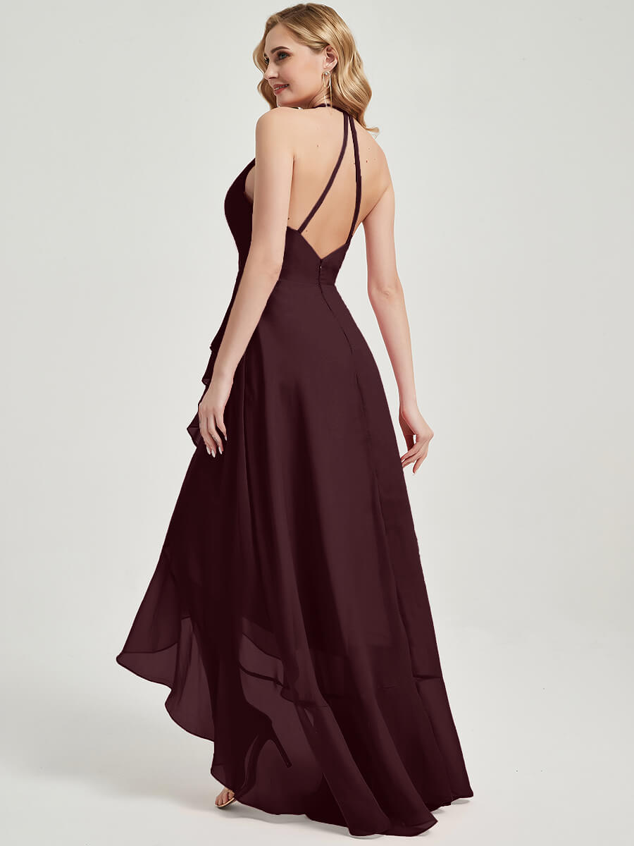 Elegant Cabernet Halter V-Neck Backless High-Low Maxi Chiffon Bridesmaid Dress for Weddings, Prom & Formal Events - Plus Size Available