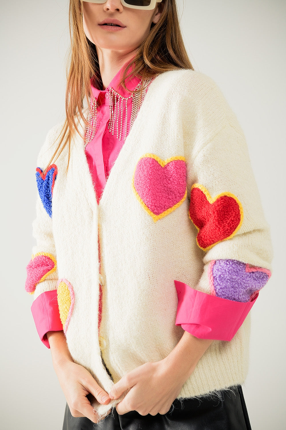Beige Knit Cardigan with Embroidered Hearts - Cozy & Stylish Sweater for Women, Perfect for Fall & Winter Outfits, Date Nights & Casual Wear