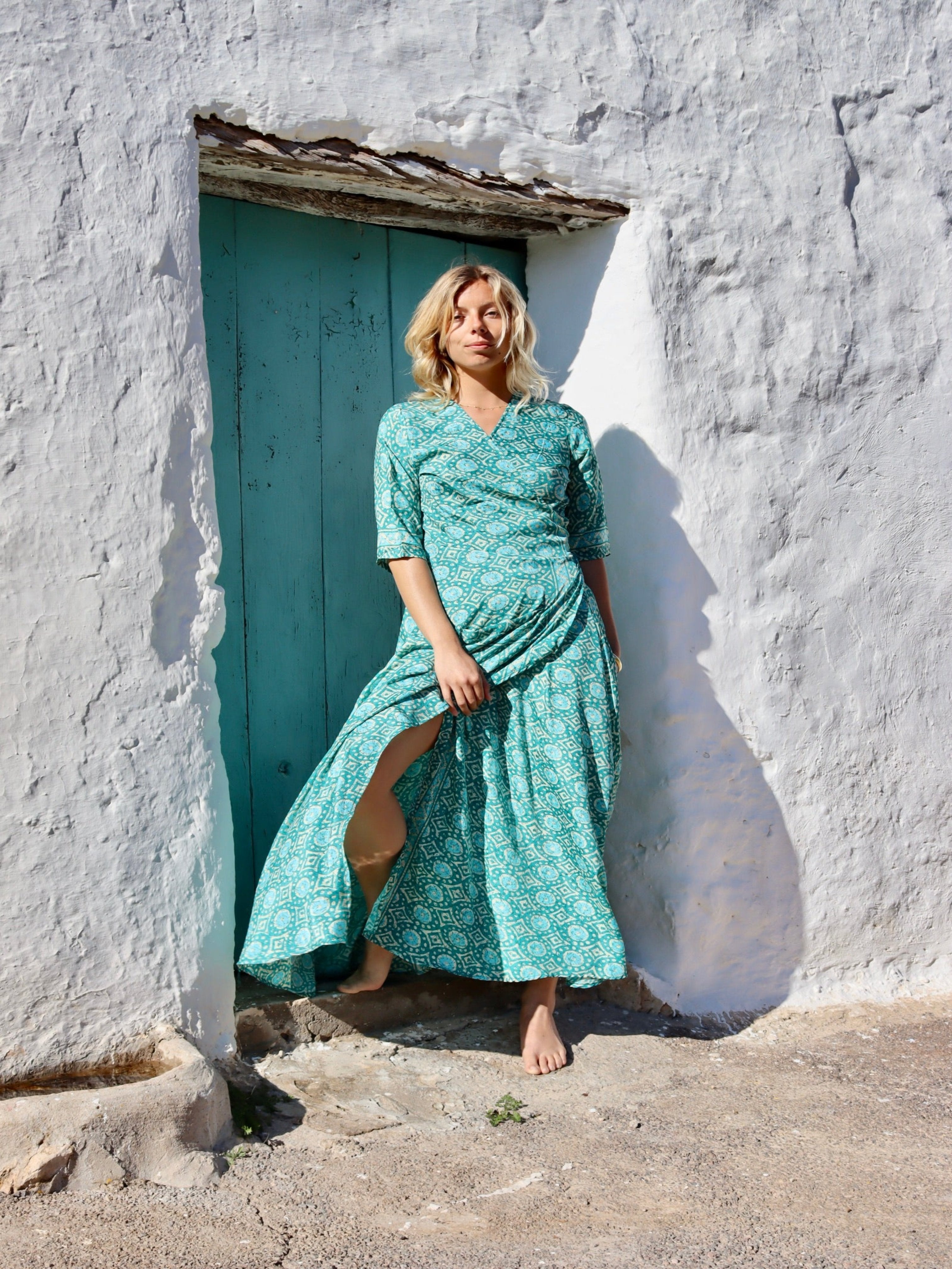 Pushkar Princess Wrap Dress - Elegant Emerald Green Maxi Dress for Women | Boho Chic Summer Outfit, Beach Cover Up, Vacation Wear