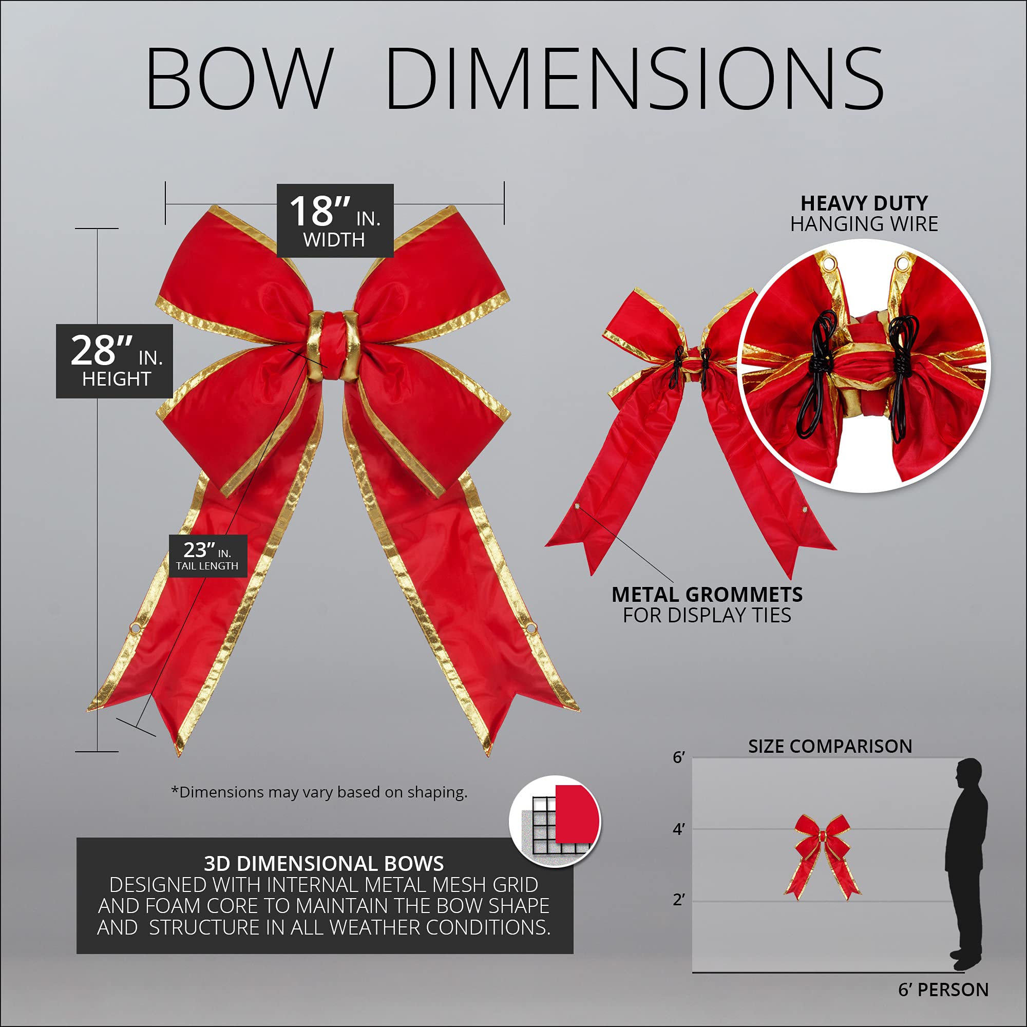 18 Inch Large Red Christmas Bow with Gold Trim - 3D Nylon Outdoor Holiday Decoration for Commercial & Home Use - Perfect for Doors, Wreaths, and Christmas Tree Decor