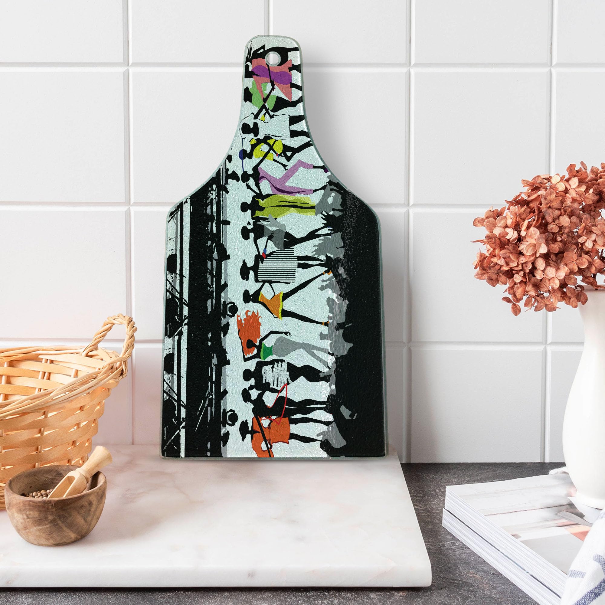 Ambesonne Funny Wine Bottle Shaped Cutting Board - Colorful Tempered Glass Serving Board for Kitchen, Party & Home Decor - White, Coral, Purple, Green    Perfect for chopping fruits, serving cheese & charcuterie, or as a stylish kitchen decor piece at dinner parties, wine tastings, and modern home kitchens.