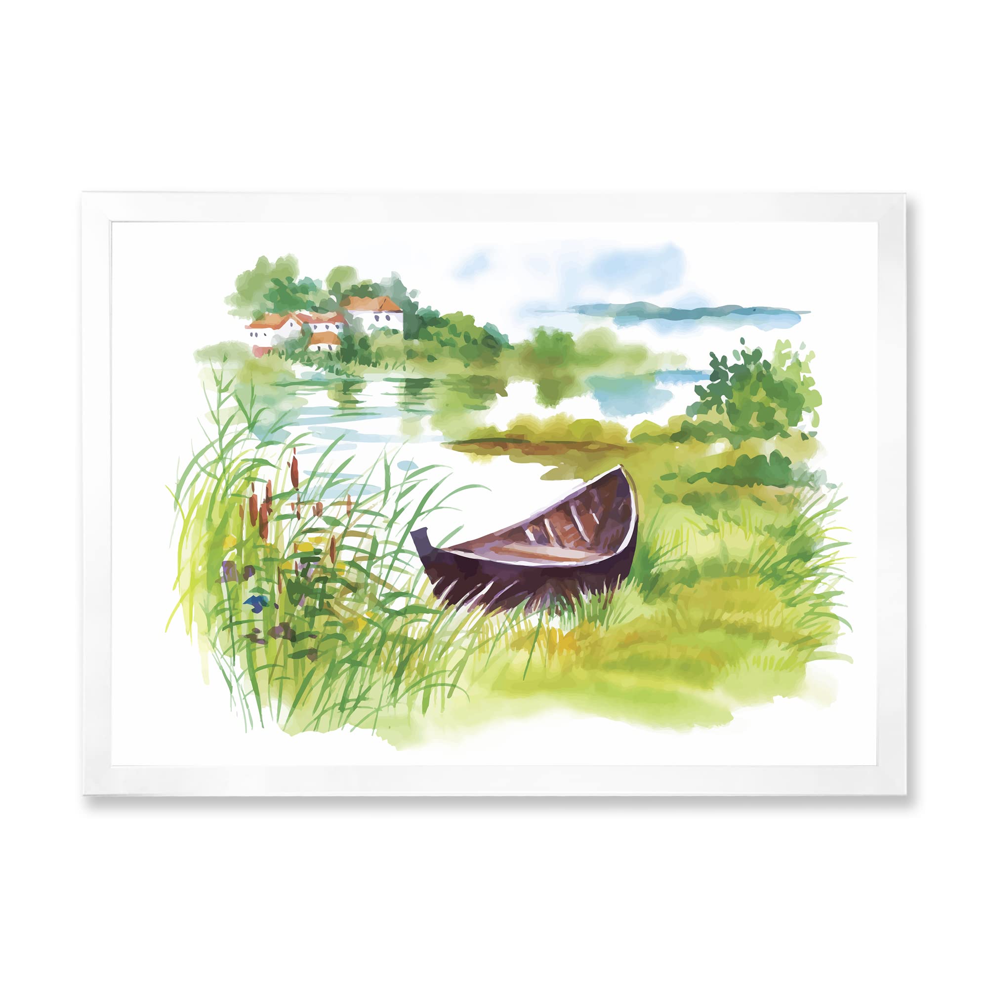 Rustic Green Landscape Lake House with Boat Framed Wall Art - Perfect for Living Room, Bedroom & Office Decor