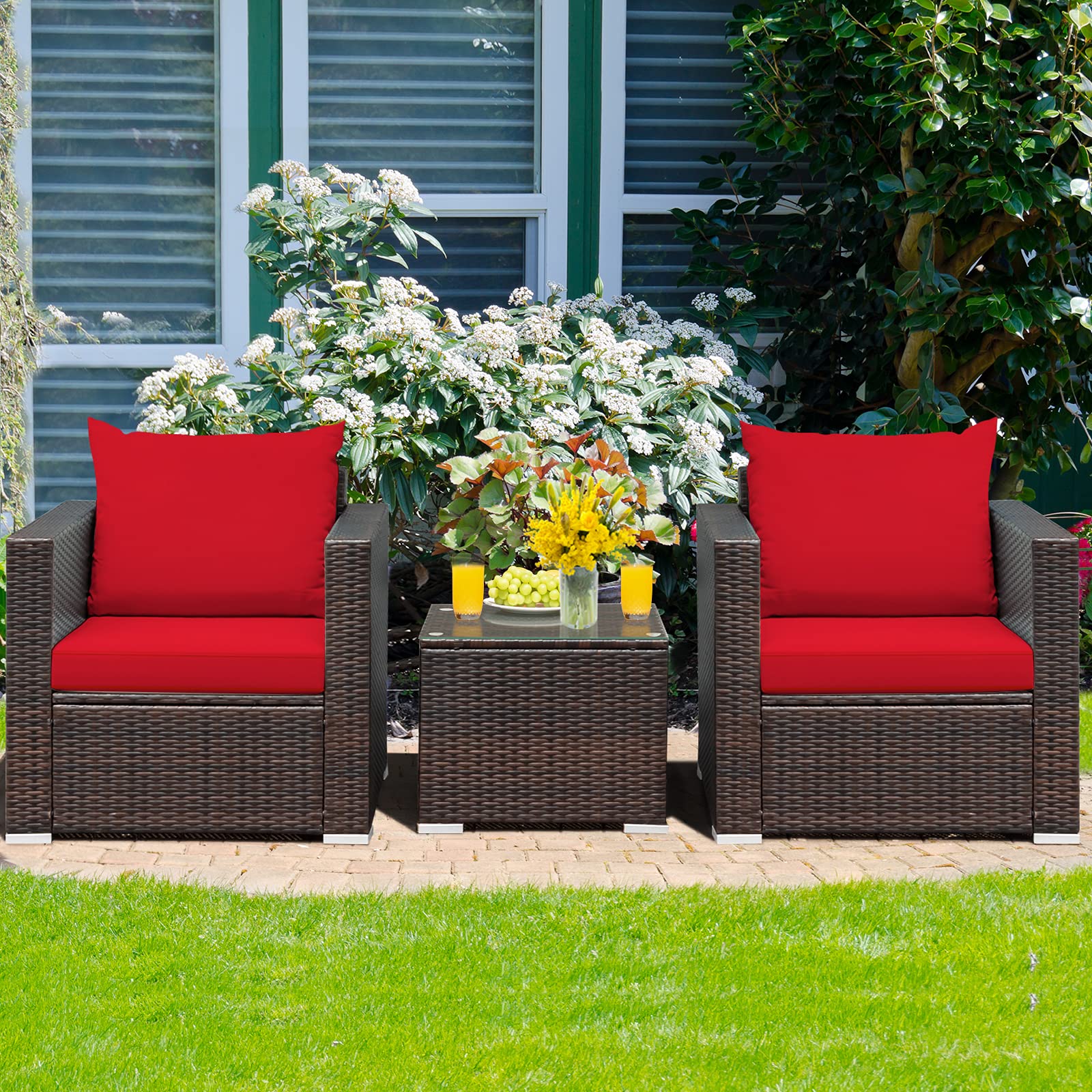 HAPPYGRILL 3-Piece PE Rattan Patio Furniture Set with Cushions & Coffee Table - Outdoor Wicker Sofa Conversation Set for Garden, Poolside, Balcony, Backyard & Deck Relaxation