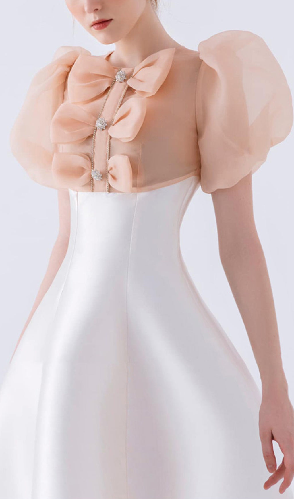 White Gauze Bow Puff Sleeve Mini Dress - Elegant Summer Party & Wedding Guest Outfit