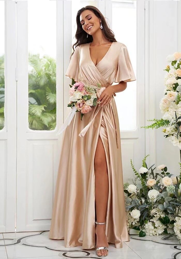 Dexinyuan Women's Elegant V-Neck Satin Bridesmaid Dress with Thigh High Slit & Sleeve Pockets - Long Formal Evening Gown for Weddings, Prom, Cocktail Parties & Special Occasions