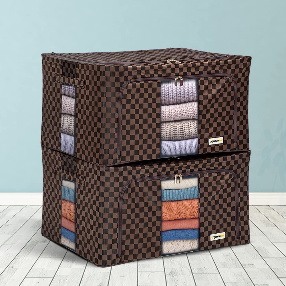 Foldable Clothes Storage Bag Organizer 80L Capacity - 2 Pack Brown Jacquard Collapsible Closet Boxes with Strong Handles & Sturdy Zippers - Under Bed Blanket Storage Solution for Home Organization
