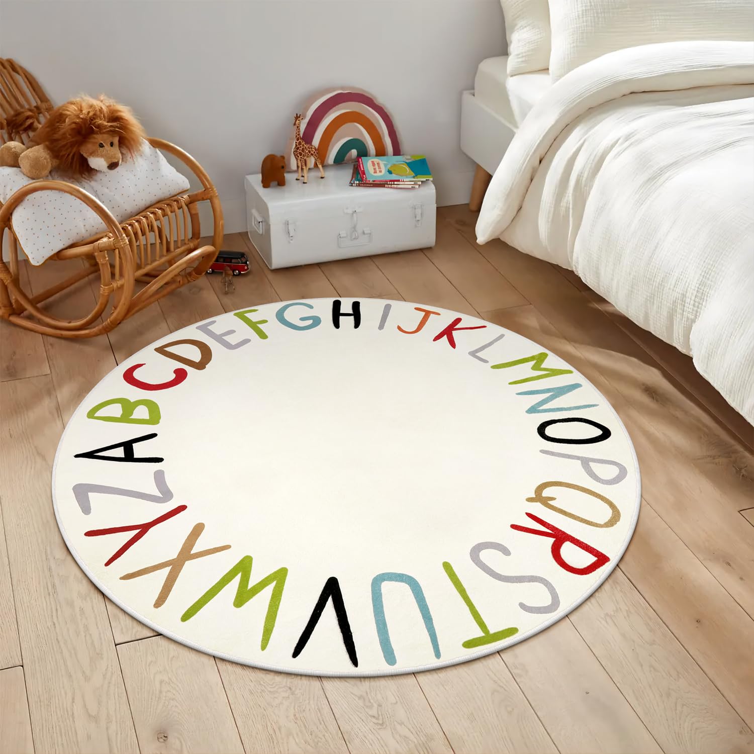 Colorful ABC Rainbow Playroom Rug for Kids - Washable Round Educational Alphabet Carpet for Nursery, Classroom & Dorm - 40