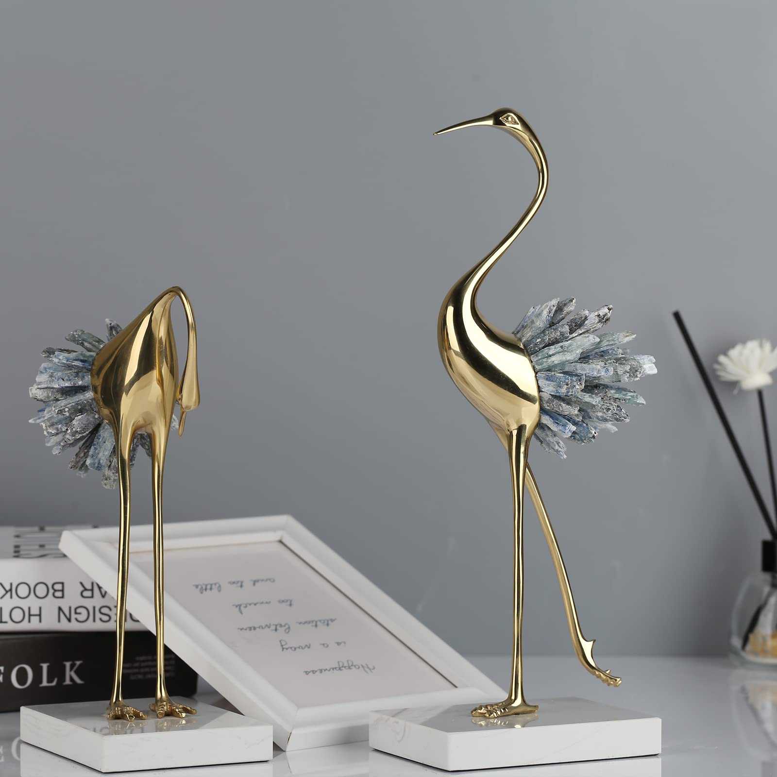 Suruim Gold Brass Bird Statues - Elegant Modern Crystal Home Decor Accents for Living Room, Bedroom, Office Desk & Cabinets - Perfect for Shelf Displays, Wedding Centerpieces & Luxury Gift Giving (Blue)