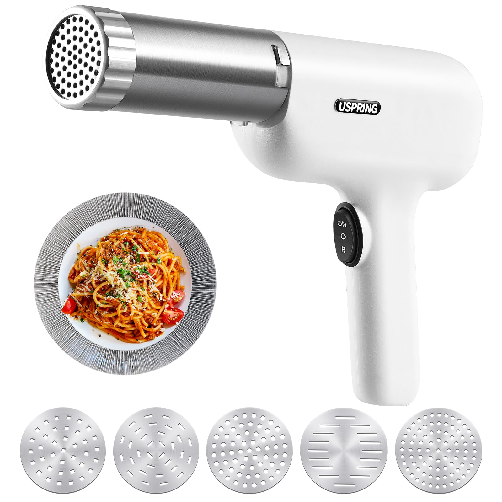 Uspring 5-in-1 Cordless Electric Pasta Maker Machine - Handheld Automatic Noodle Press with Dough Cutter for Homemade Spaghetti, Fettuccine & More - Portable Pasta Maker for Kitchen, Camping & Small Spaces (White)