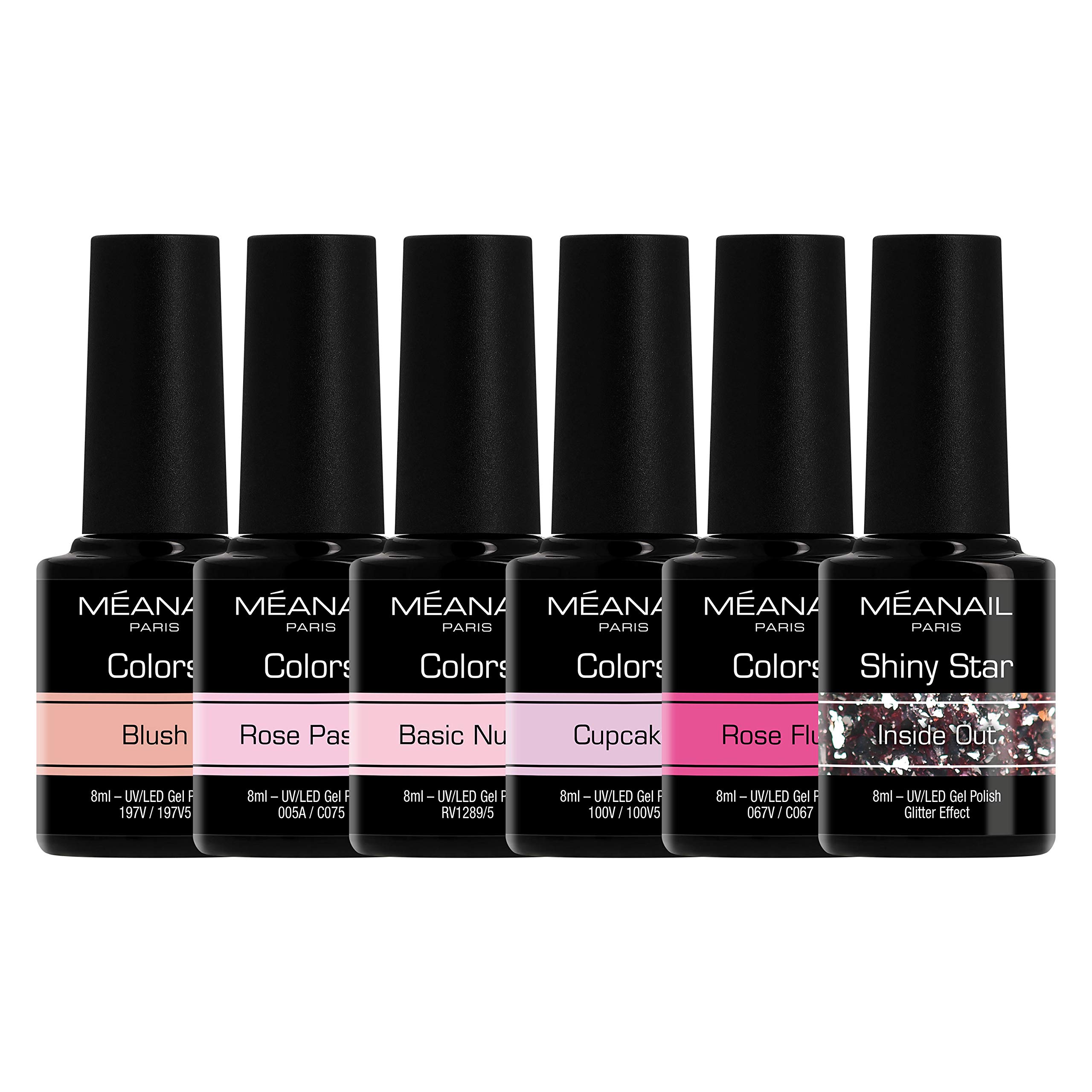 6 Pack UV/LED Gel Nail Polish Set - Shiny Star Collection (8ml) | Blush, Rose Pastel, Nude, Cupcake, Rose Fluo, Inside Out Colors | Meanail Paris | Perfect for Salon, Home Manicures & Nail Art Designs