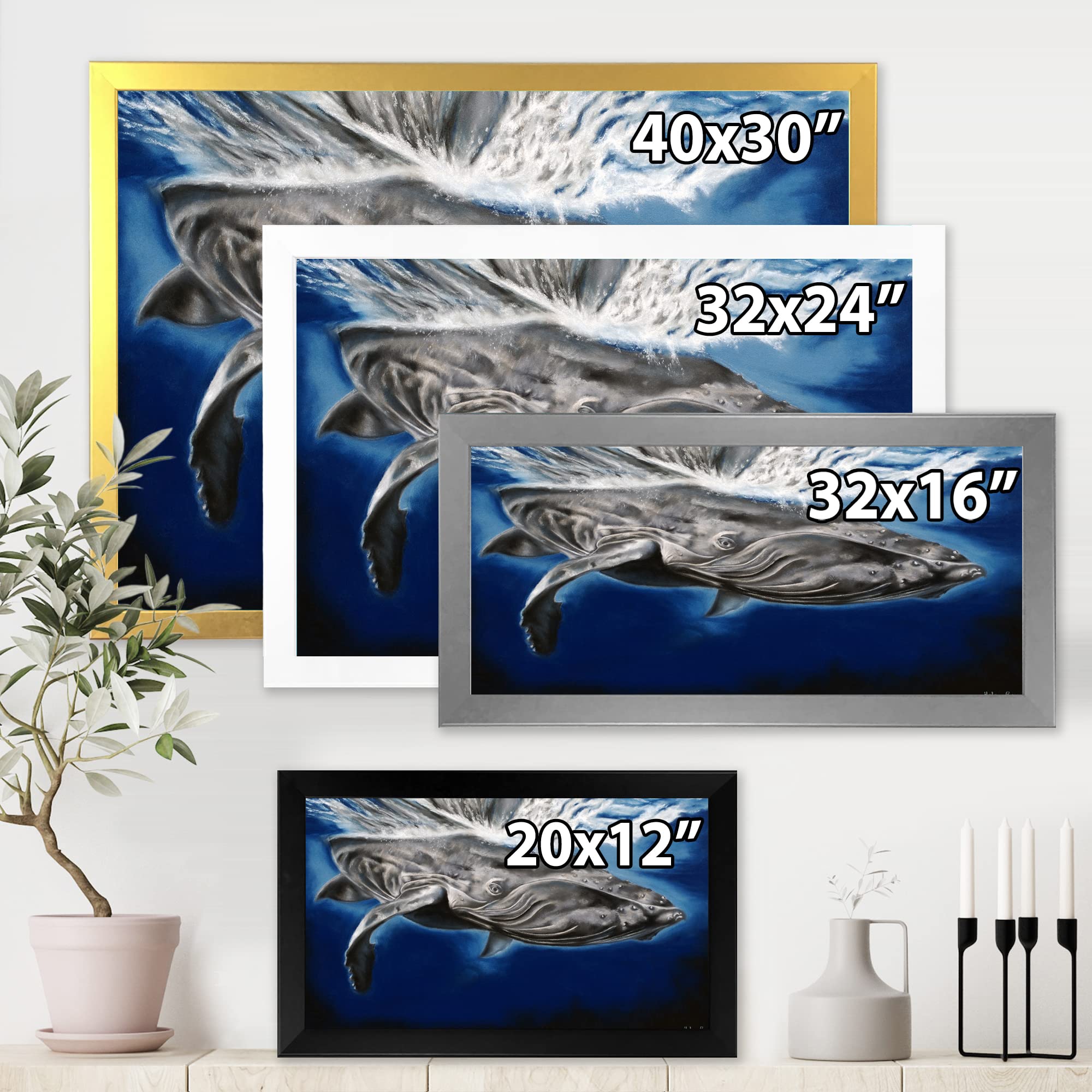 DesignQ Humpback Whale Portrait - Nautical Coastal Framed Wall Art for Living Room, Bedroom & Office Decor