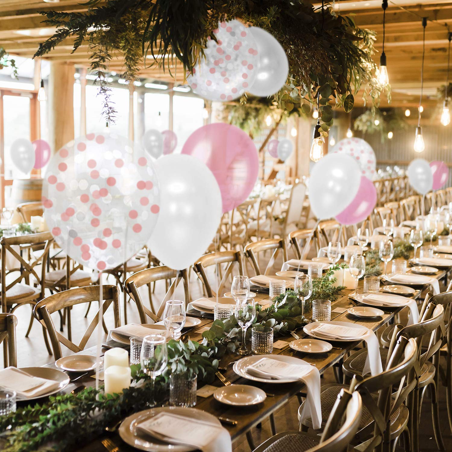 Dandy Decor 60 Pack Pink Latex Balloons with Pink Confetti & White Ribbon - Bulk Party Decorations for Birthdays, Weddings & Baby Showers