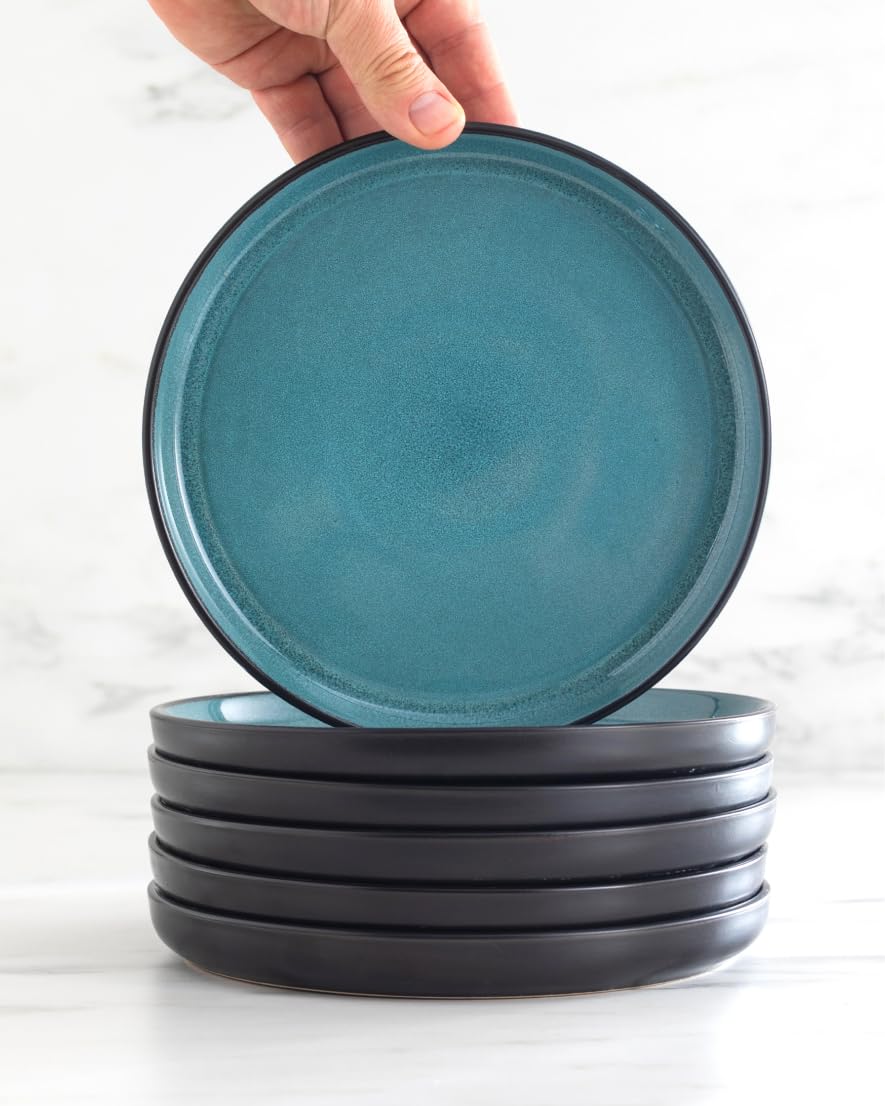 12-Piece Modern Stoneware Dinnerware Set for 4 - Scratch Resistant & Dishwasher Safe Plates & Bowls - Black & Petrol Blue Ceramic Tableware - Perfect for Everyday Dining, Dinner Parties & Family Gatherings