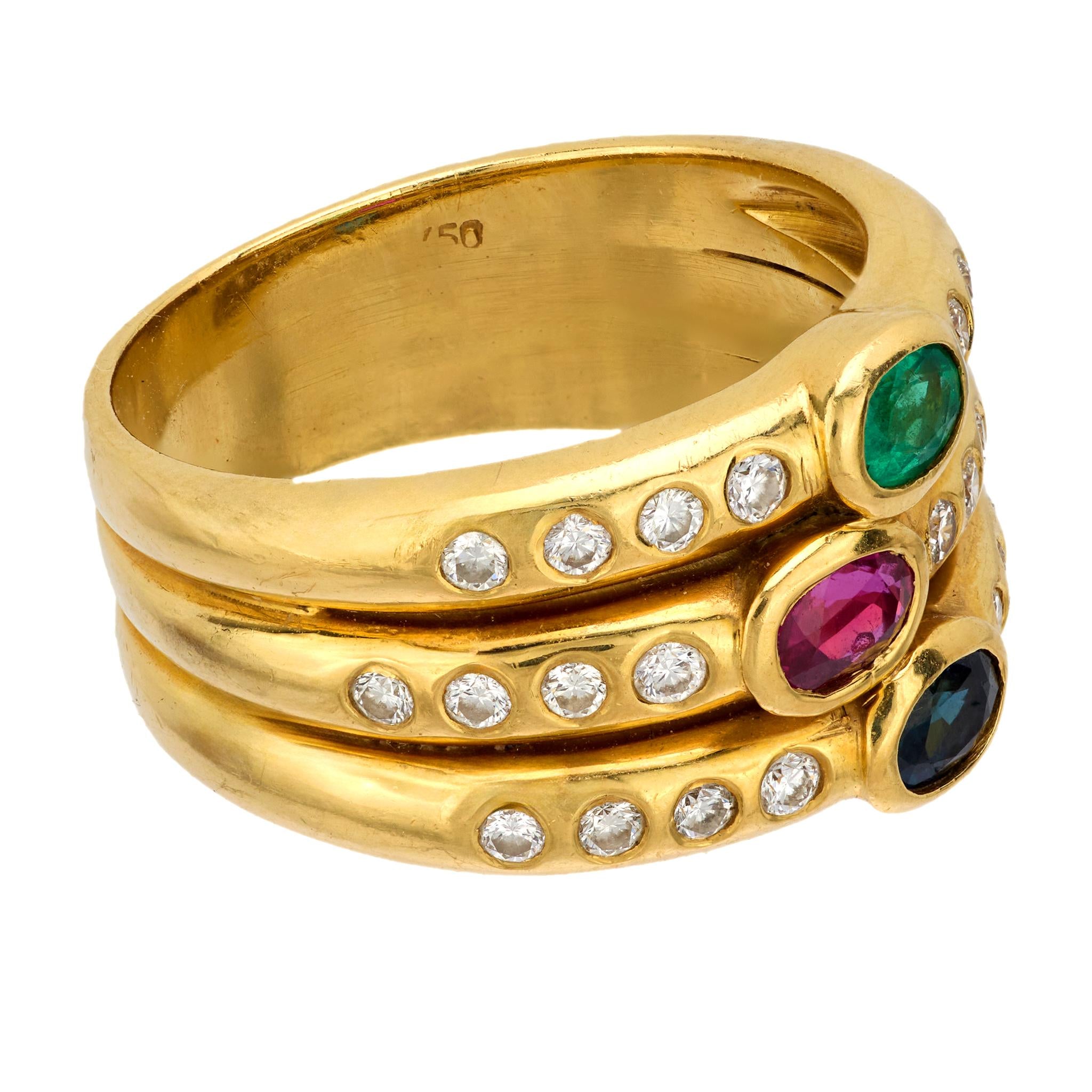 Vintage 18K Yellow Gold Triple Band Ring with Genuine Gemstones & Diamonds - Elegant Jewelry for Weddings, Anniversaries & Special Occasions