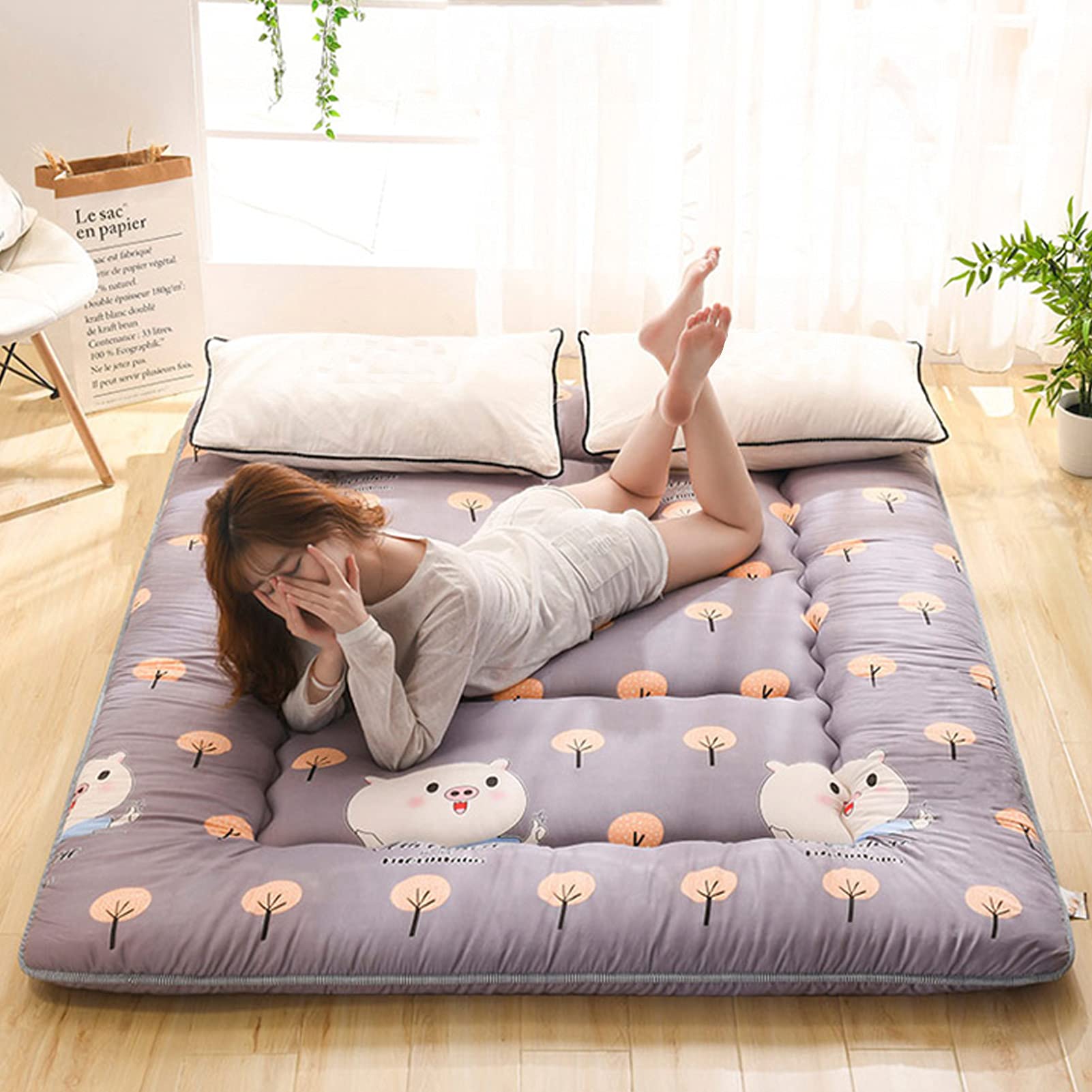 LCYZ Green Floor Mattress - Foldable Roll-Up Guest Bed, Thickened Portable Camping Mattress with 2 White Fiber Pillows, Twin Size for Home, Travel & Outdoor Adventures
