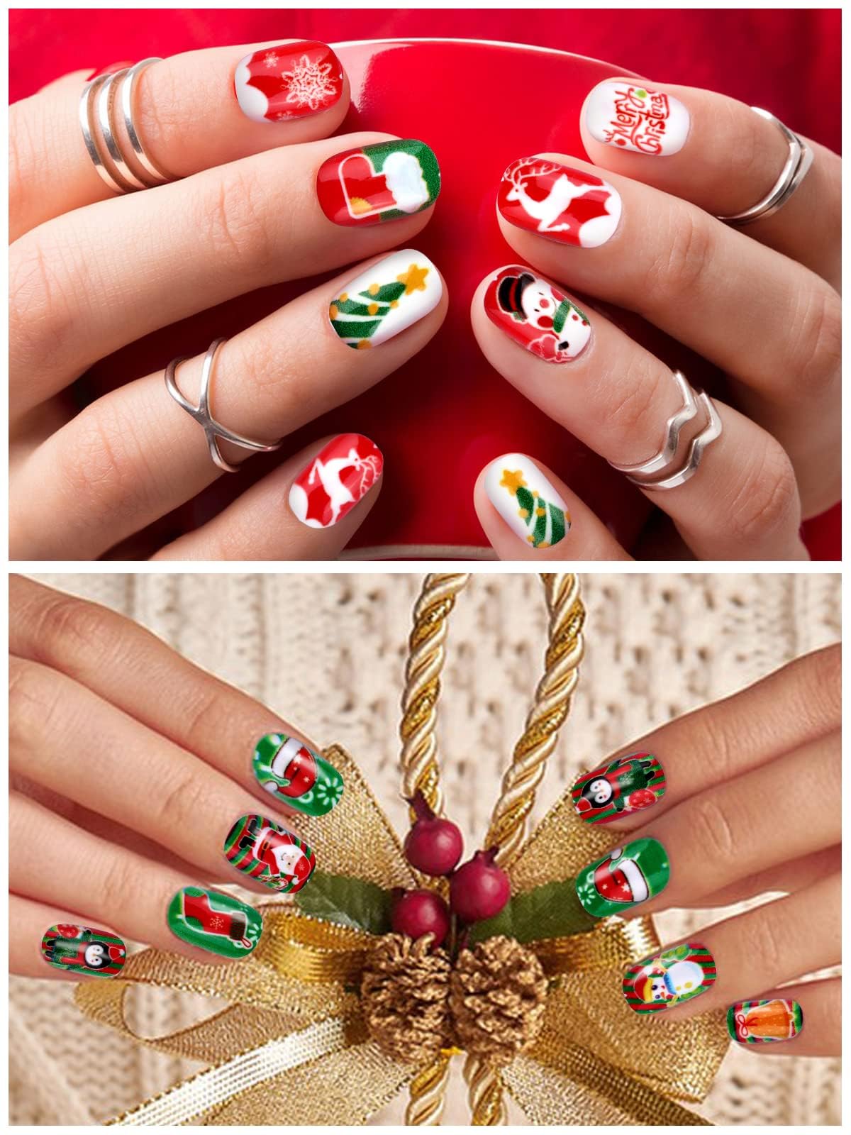 EBANKU 6 Packs Christmas Press on Nails for Kids - Short False Fingernails with 3D Santa Claus Snowman & Christmas Tree Designs - Perfect for Girls Holiday Parties, School Events & Family Gatherings