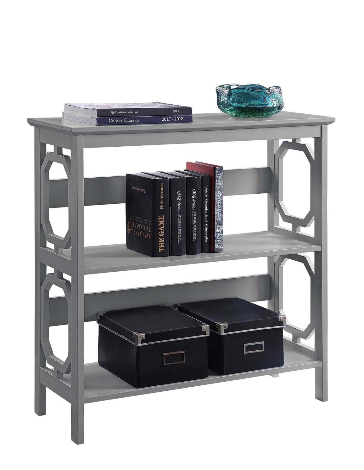 Convenience Concepts Omega 3-Tier Bookcase in Gray - Stylish Storage Shelf for Living Room, Bedroom, or Office Organization
