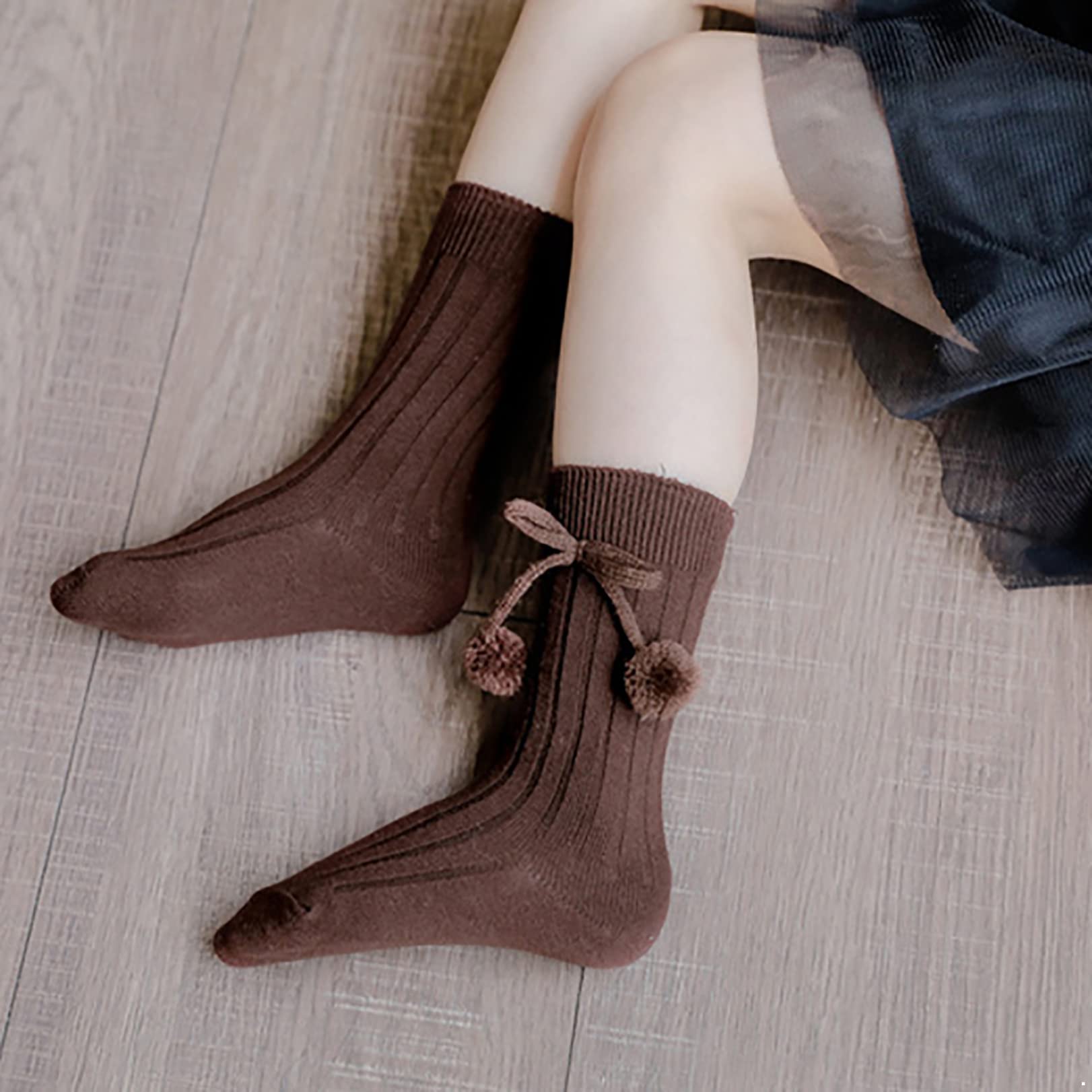 JEATHA Toddler Knee High Socks for Girls - Soft Velvet Bow & Pom Pom Decor Baby Stockings - Perfect for Holidays, Parties & Everyday Outfits