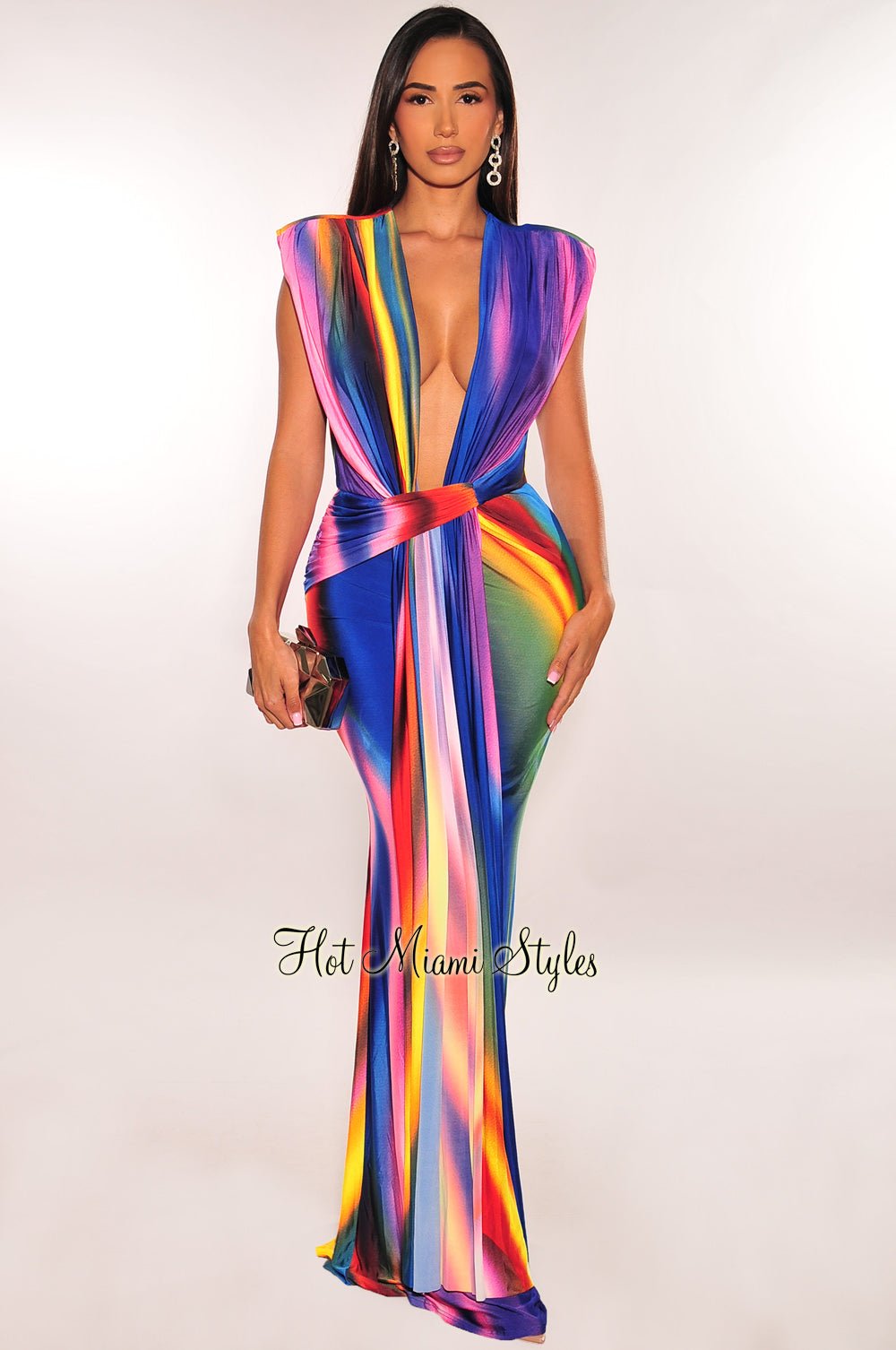 Royal Ombre Print Silky Plunge Padded Shoulder Draped Maxi Dress for Women - Elegant Evening Gown for Parties, Weddings & Special Occasions