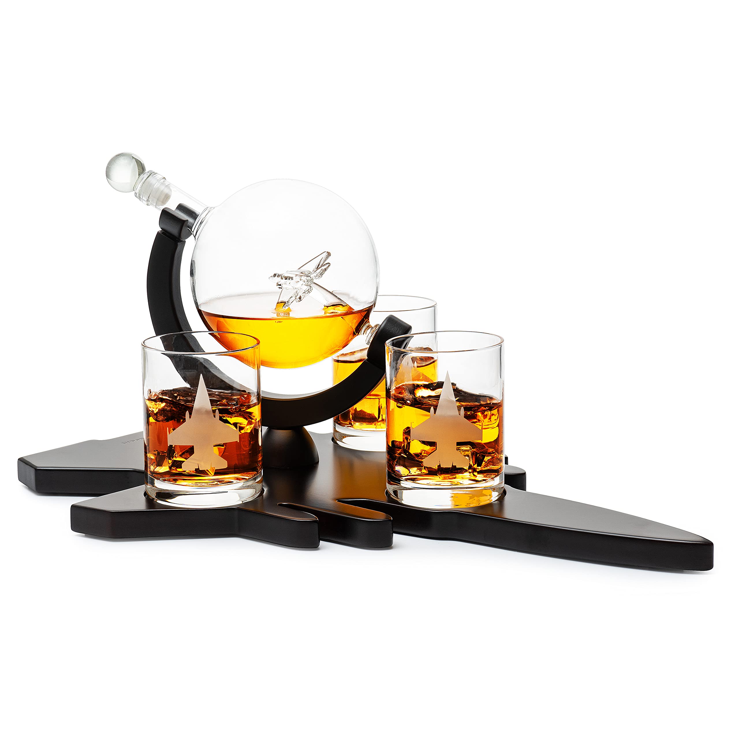 Fighter Jet Wine & Whiskey Decanter Set - F16, F15, F18, F22 with 3 Glasses | Bourbon, Scotch & Vodka Decanter | Perfect Pilot, Aviation & Military Veteran Gifts | Airplane Figurine for Home Bar & Cocktail Party Decor