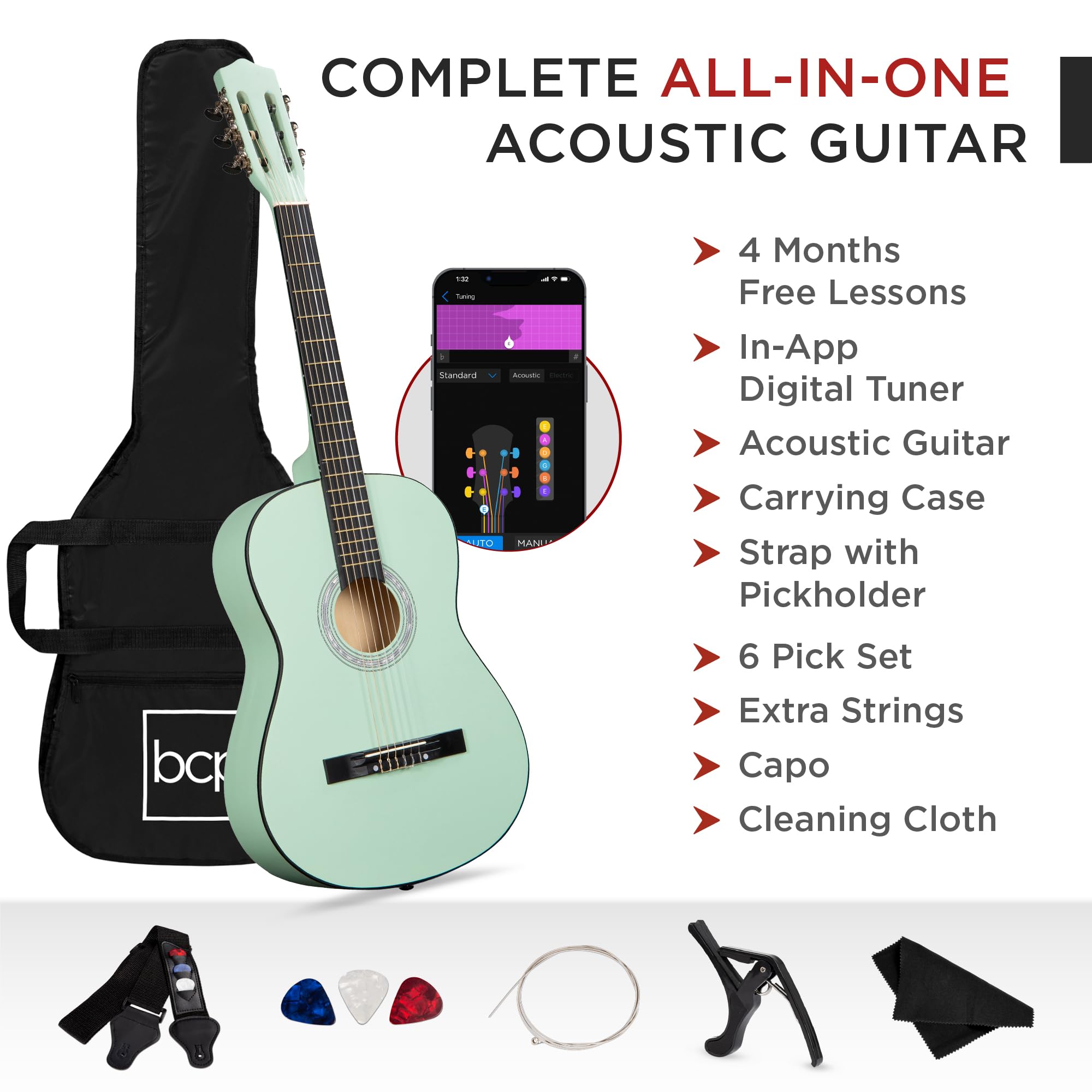 Best Choice Products 38-Inch All Wood Acoustic Guitar Starter Kit for Beginners with Gig Bag, 6 Picks, Nylon Strings & Strap w/Pick Holder - SoCal Green | Perfect for Learning, Practice & Live Performances
