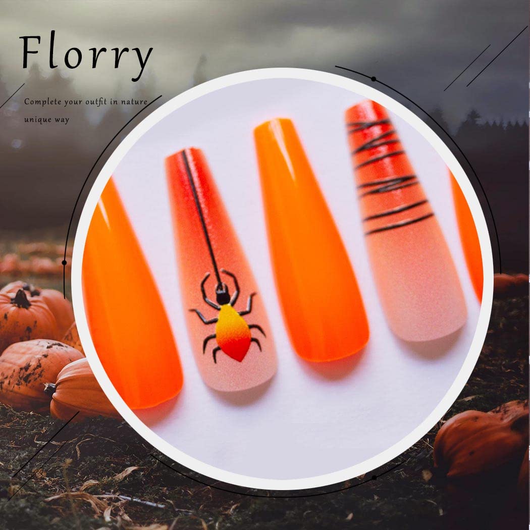 Florry Halloween Extra Long Press on Nails - Black Matte Coffin Fake Nails for Women & Girls (30Pcs Spider Design) | Acrylic Nails for Halloween Party, Cosplay & Gothic Fashion