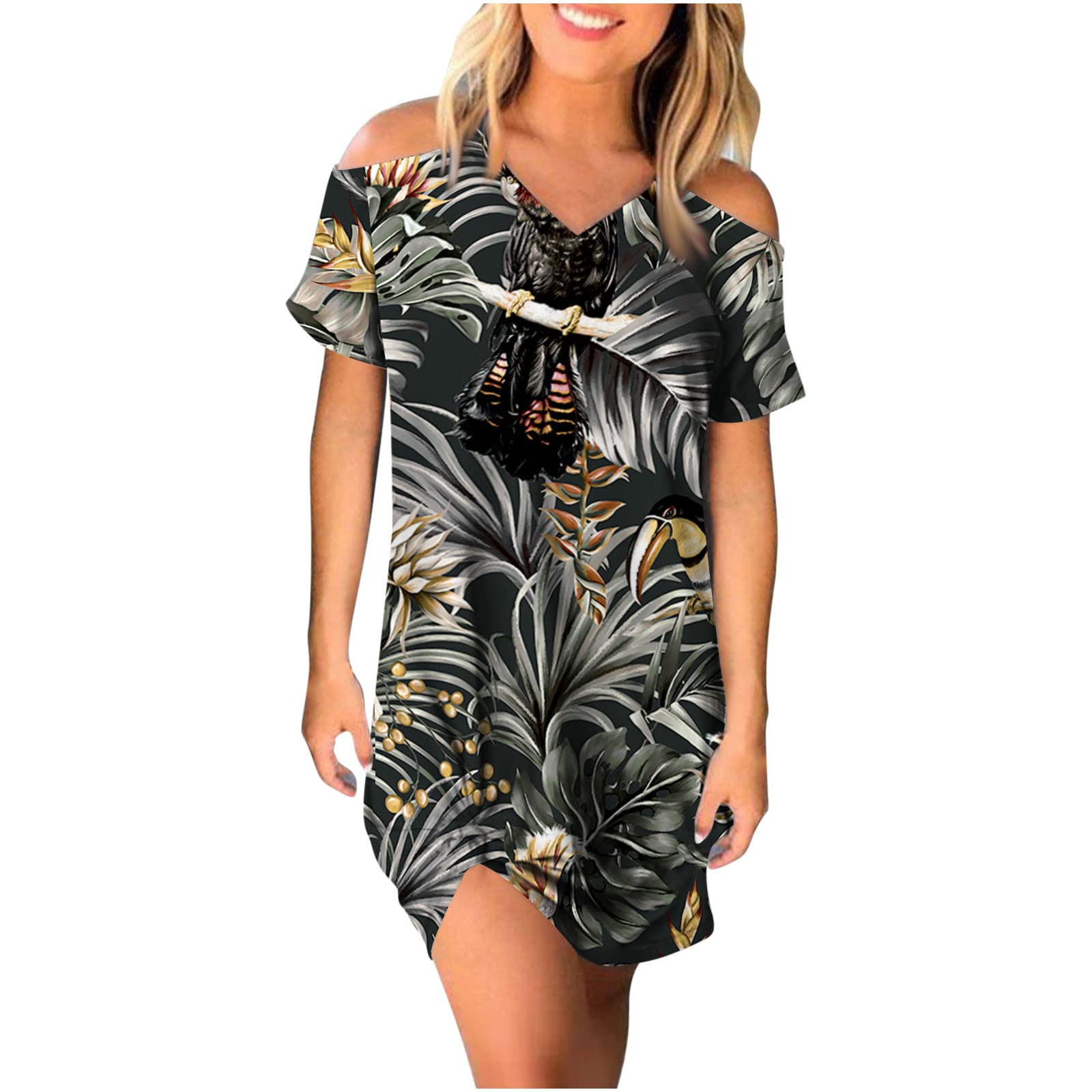 Women's Cold Shoulder Summer Beach Dress - Floral Print T-Shirt Sundress with V-Neck & Adjustable Straps | Loose Fit Mini Shift Dress for Vacation, Party, and Casual Outings