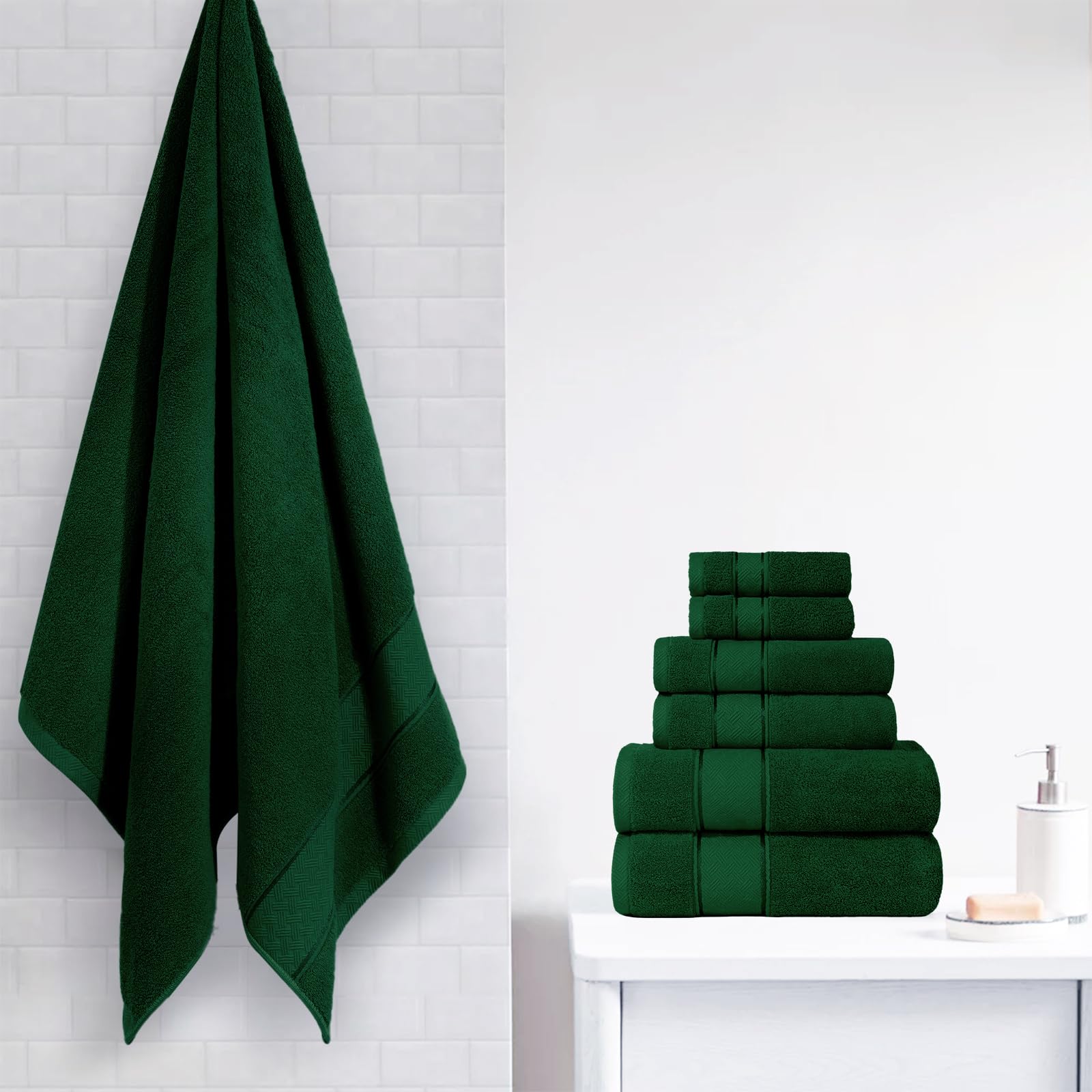 Luxury 6-Piece Green Bath Towel Set | 100% Turkish Cotton 650GSM Hotel Quality | Ultra Soft & Absorbent | Includes 2 Bath Towels, 2 Hand Towels, 2 Washcloths | Perfect for Spa, Bathroom & Guest Room Decor