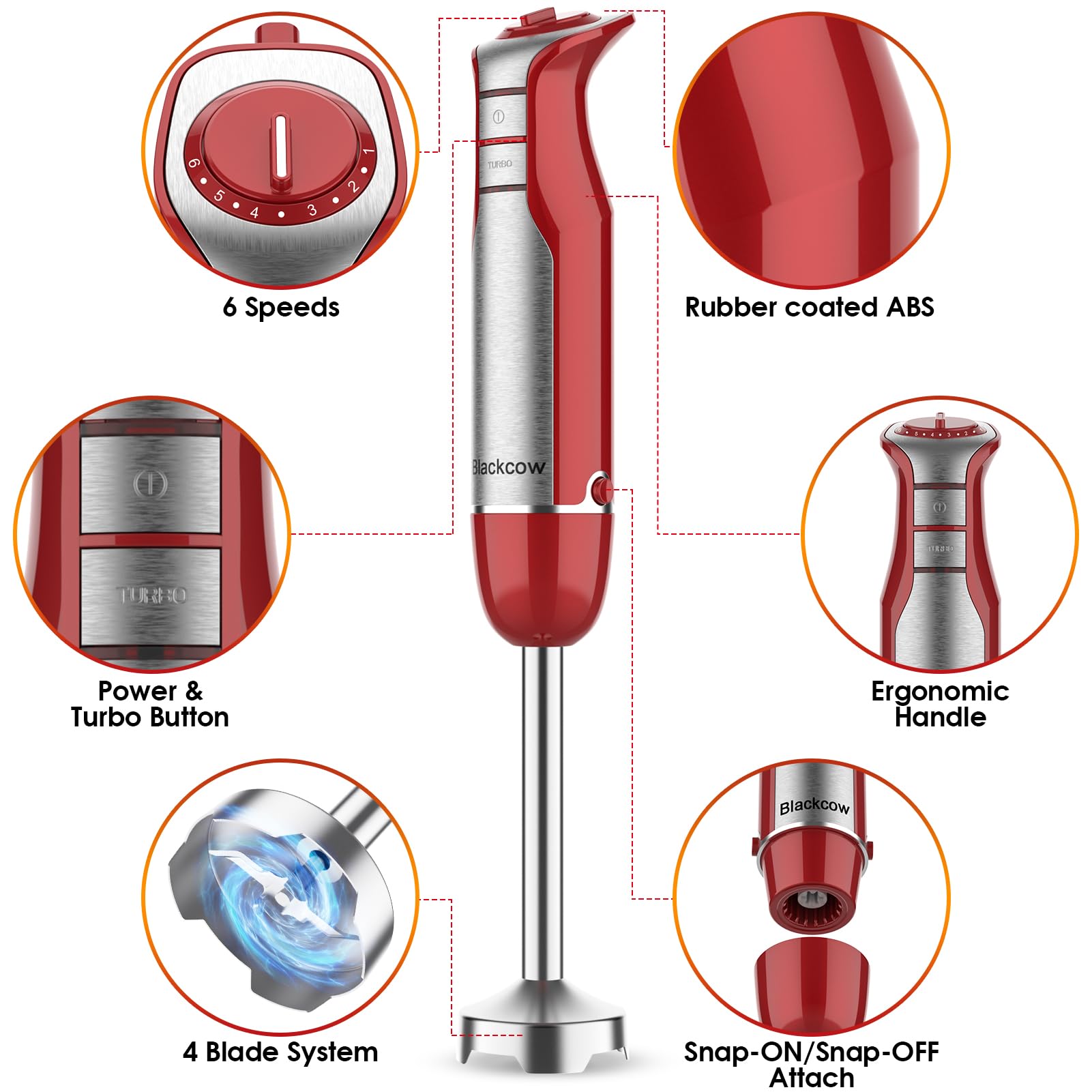 800W Powerful Immersion Hand Blender - 6 Speed & Turbo Electric Stick Mixer for Kitchen, Smoothies, Soups, Baby Food, Purees & Drinks (Rose Red) - Perfect for Meal Prep, Baking & Healthy Cooking
