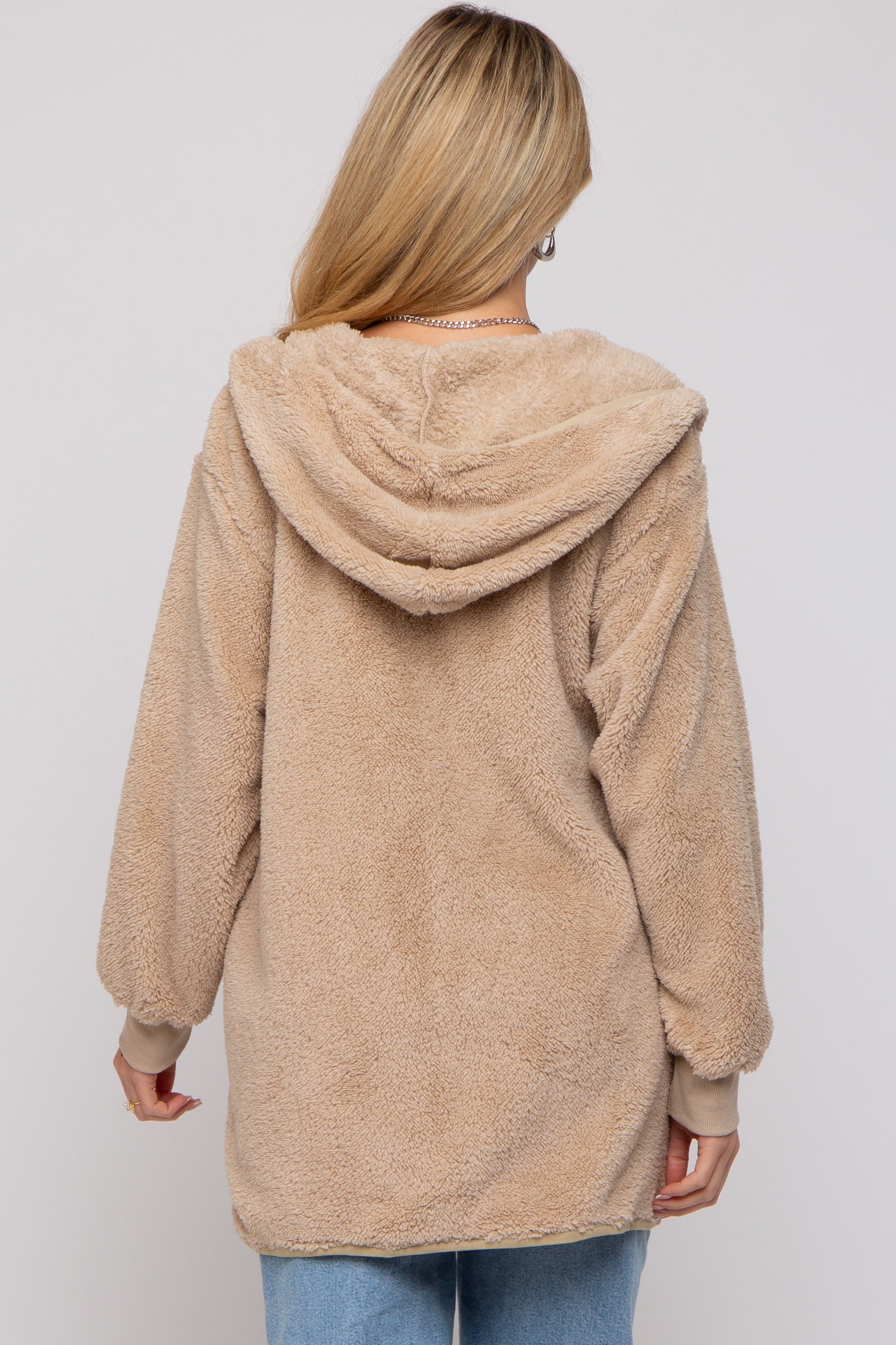 Soft Beige Fuzzy Knit Hooded Maternity Jacket - Cozy Winter Pregnancy Coat for Women | Perfect for Outdoor Walks & Casual Outfits