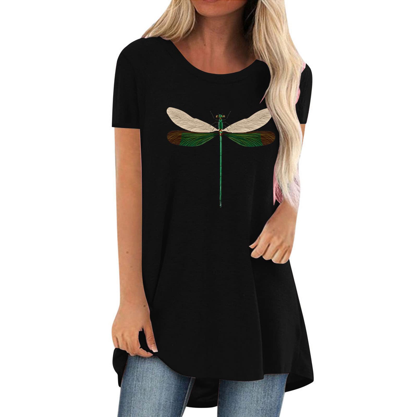 Women's Summer Short Sleeve Crewneck T-Shirt - Cute Casual Dragonfly Print Top, Breathable Loose Hem Tunic Blouse for Outdoor Activities, Beach Vacation & Daily Wear