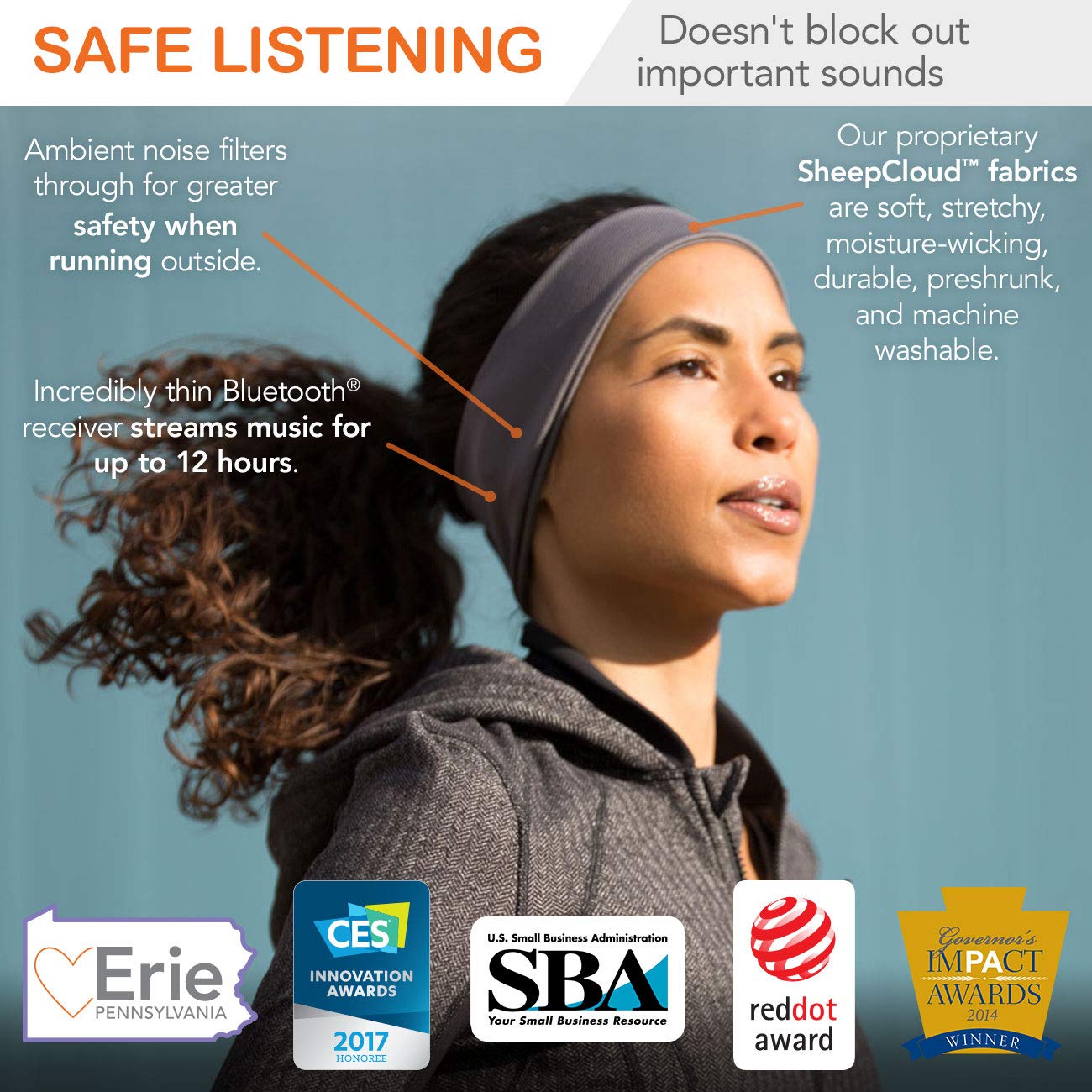 RunPhones AcousticSheep Wireless Bluetooth Headphones for Running & Workouts - Flat Speakers with 12-Hour Battery Life (Large, Orange) | Perfect for Jogging, Gym Training & Outdoor Activities