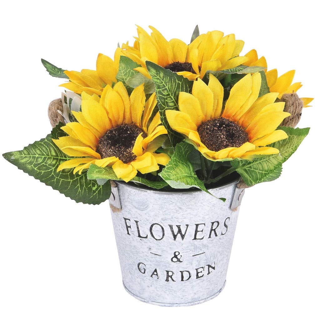 Artificial Silk Daisy Flowers in Metal Pot - Fake Sunflower Bouquet with Vase for Wedding Centerpieces, Home & Garden Decor | Perfect for Indoor Decor, Table Centerpieces, and Office Decoration