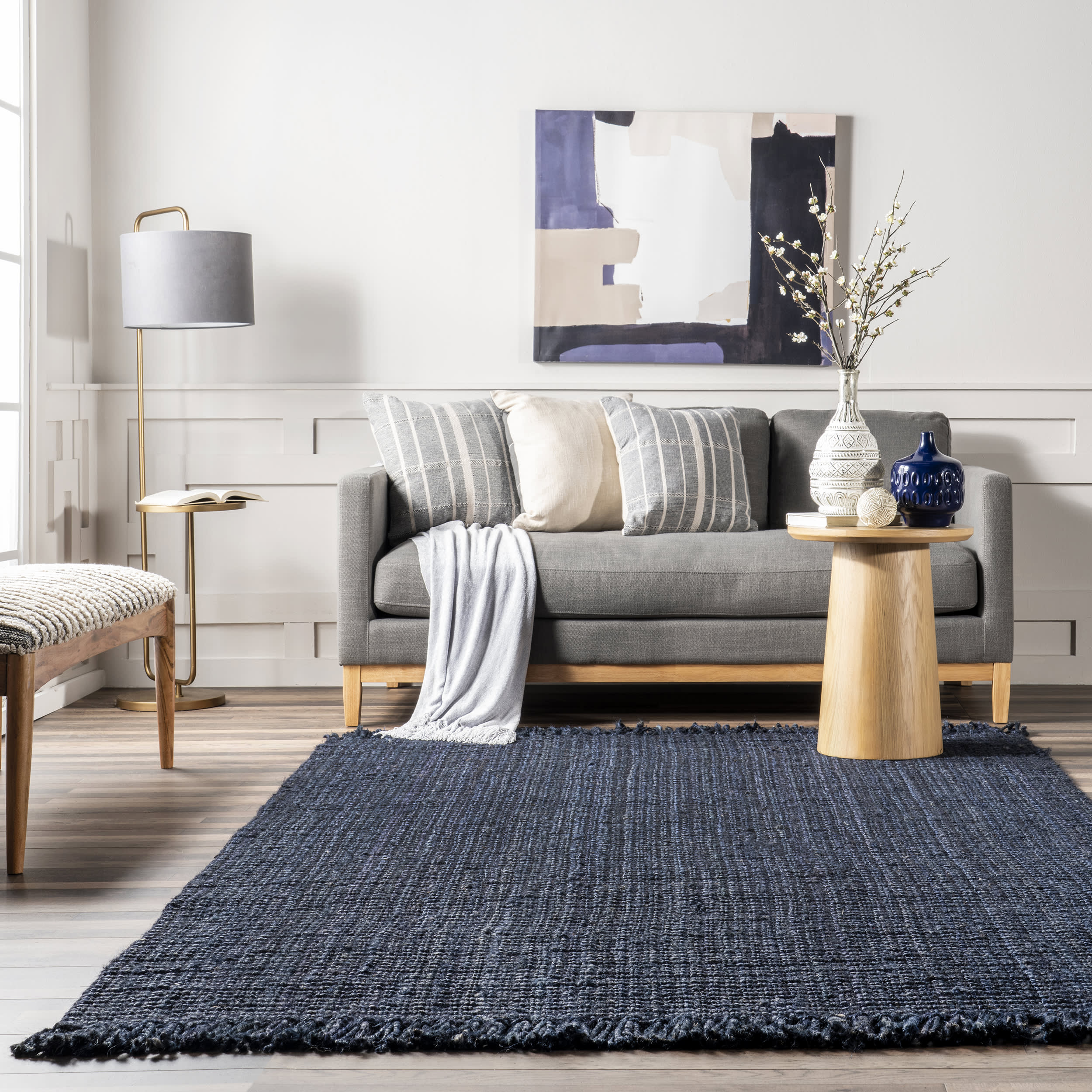 Chunky Jute Tasseled Rug - Navy Blue Handwoven Natural Fiber Floor Mat for Boho Living Room, Bedroom Decor | Eco-Friendly Home Accent for Cozy Spaces