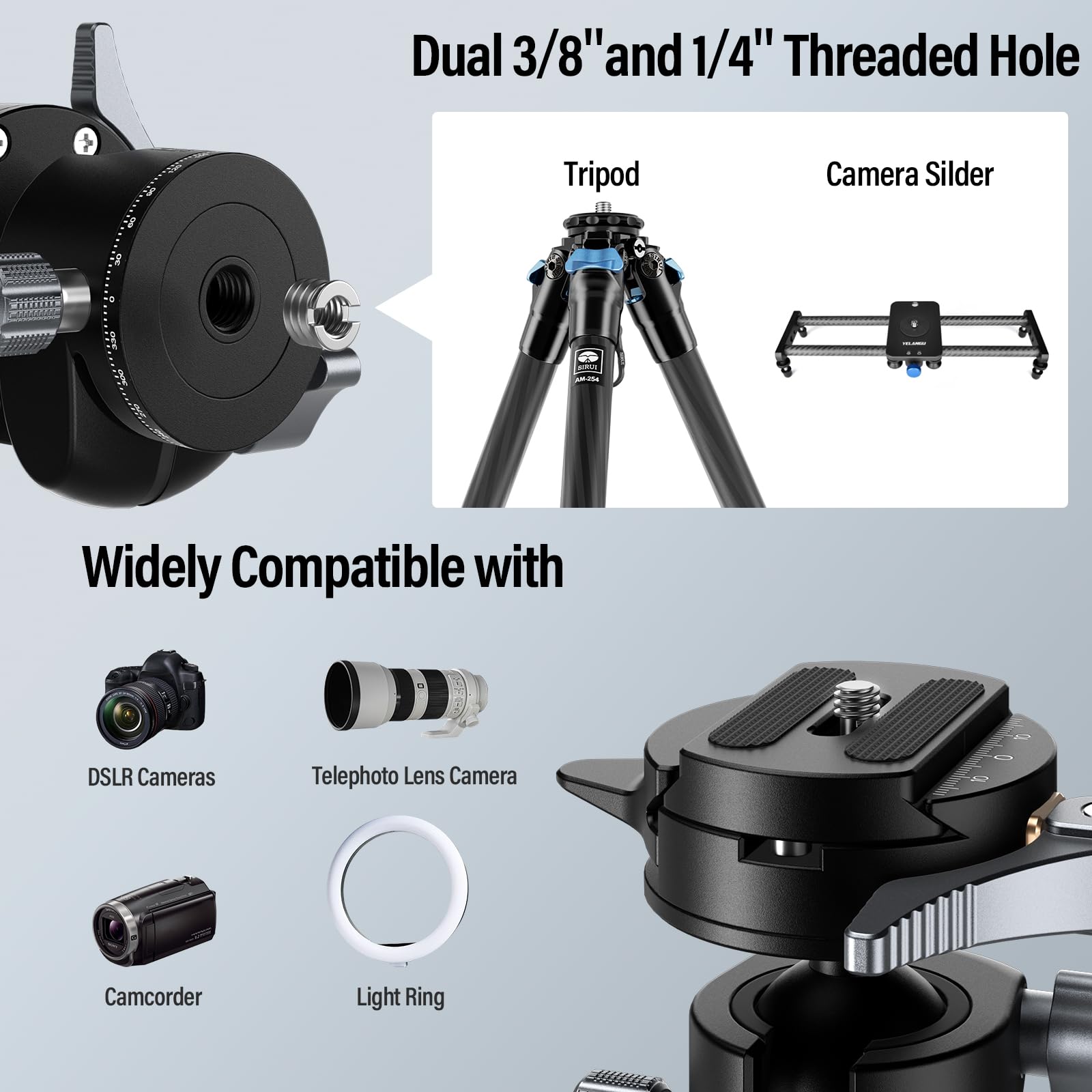 SIRUI GH30 Low Profile Quick Release Ball Head Tripod Mount - 360° Panoramic Metal Camera Head with 1/4