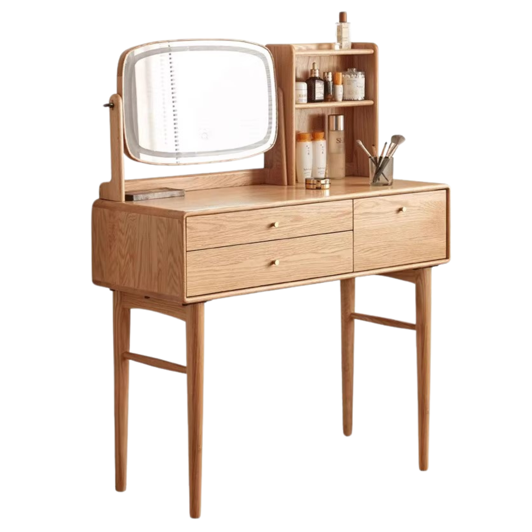 Solid Oak & Ash Wood Dressing Table with LED Lighted Makeup Mirror - Perfect for Bedroom Vanity, Makeup Application & Home Decor