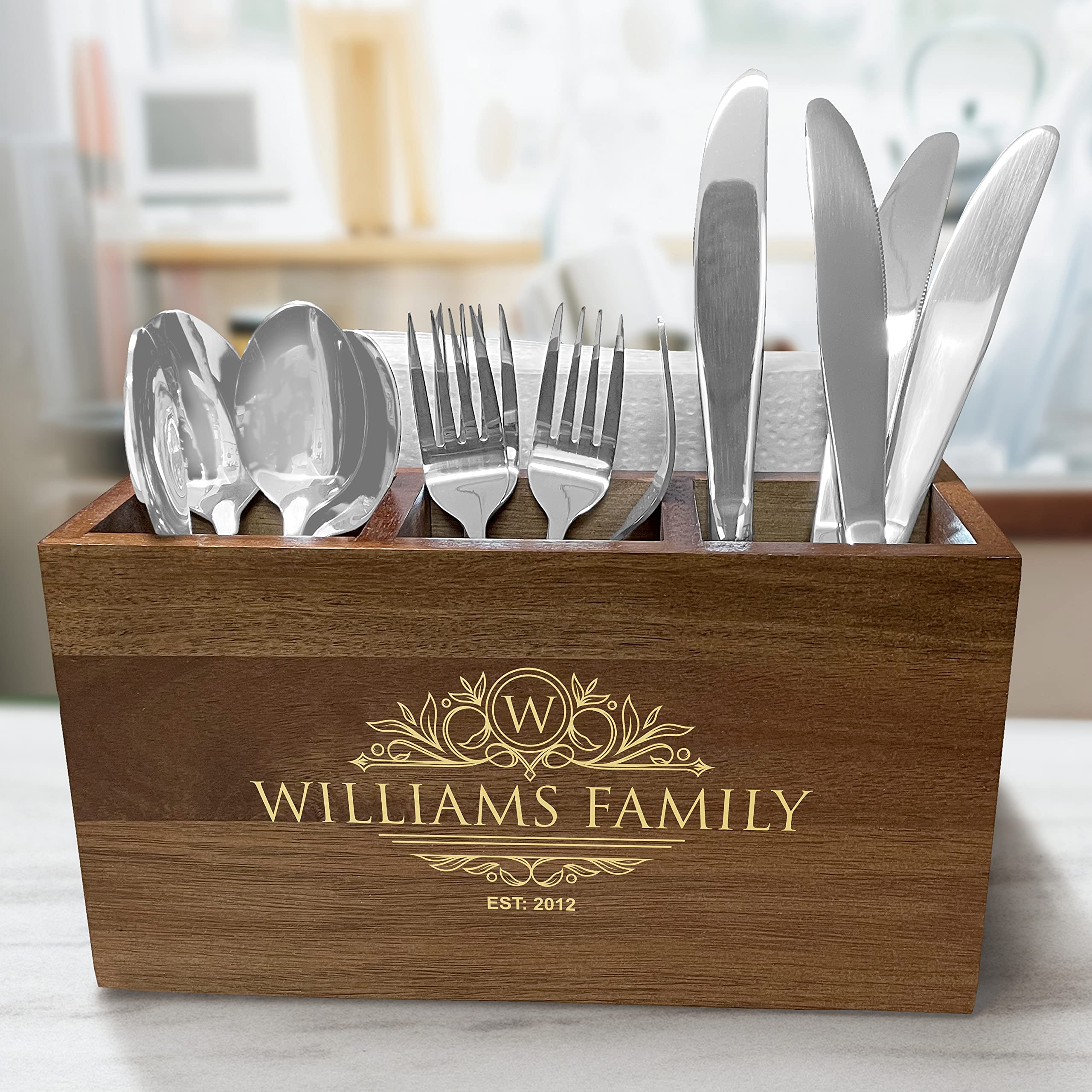 Personalized Wooden Utensil Storage Box - Traditional Kitchen Caddy Organizer for Spoons & Forks - Perfect for Wedding Gifts & Home Organization