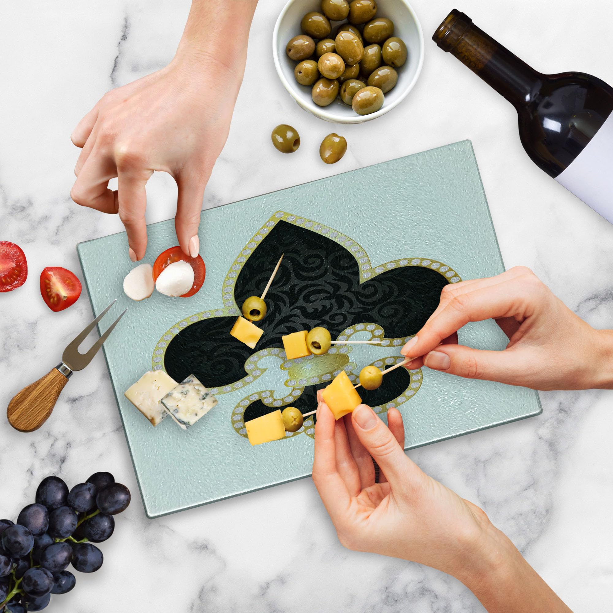 Ambesonne Fleur De Lis Tempered Glass Cutting Board - Royal Lily Throne France Empire Design - Decorative Serving Board for Cheese, Charcuterie & Appetizers - Small Size Yellow Black White - Perfect for Kitchen, Dining & Gifts