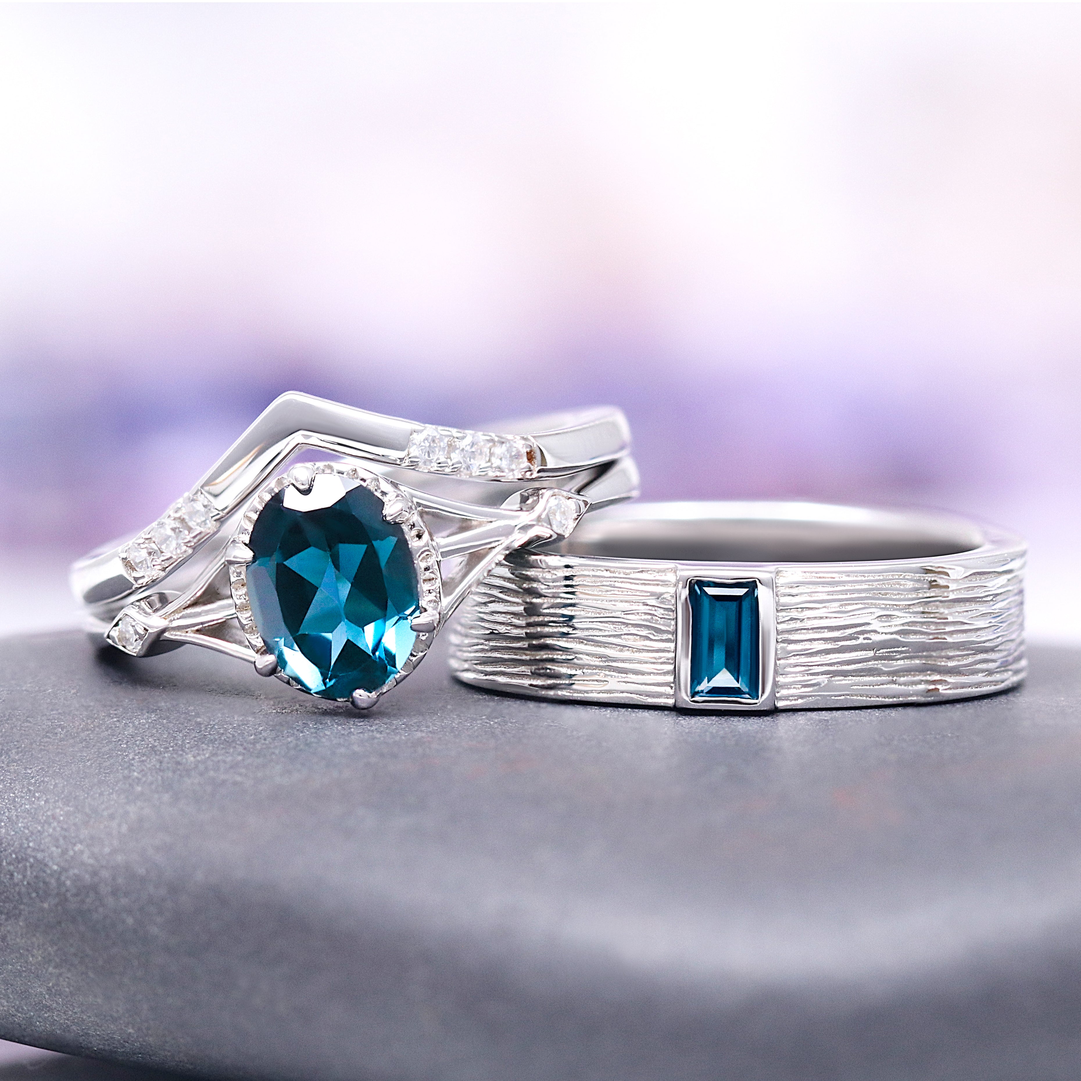 14K White Gold Rustic London Blue Topaz Wedding Band – Elegant Engagement Ring for Women, Perfect for Bridal Jewelry & Anniversary Gifts