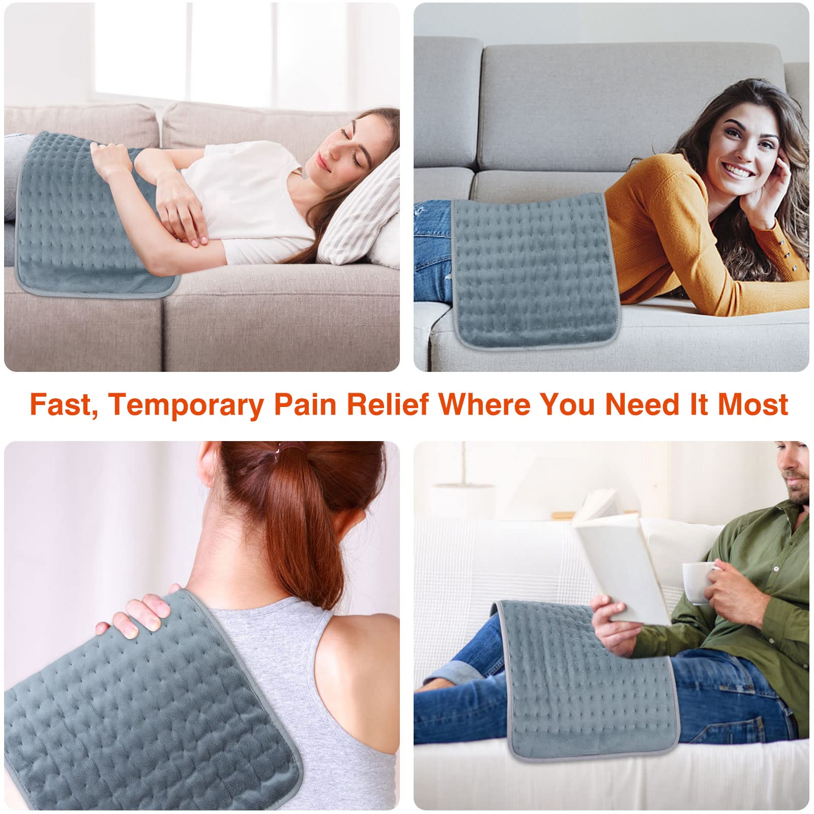 Electric Heating Pad for Back Pain & Cramps Relief - Auto Shut Off, Moist & Dry Heat Therapy - 6 Adjustable Settings, Machine Washable - 12