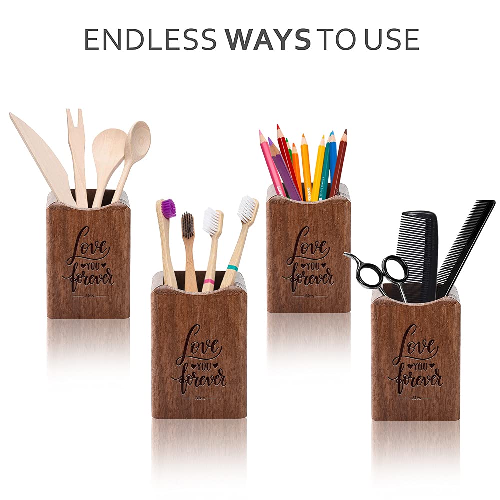 **Personalized Engraved Wooden Pen Holder for Desk - Custom Name Pencil/Pen Pot for Teacher, Student, Colleague - Office, School, Classroom Stationery Organizer & Makeup Brush Holder - Perfect Desk Gift for Work, Study & Beauty Organization**