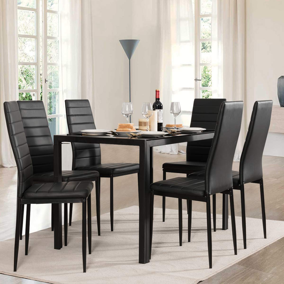 Modern Glass Top Dining Table Set with 6 Leather Padded Chairs - Rectangular Metal Frame Kitchen & Dining Room Furniture for Small Spaces | Perfect for Apartments, Breakfast Nooks & Compact Homes (Black)