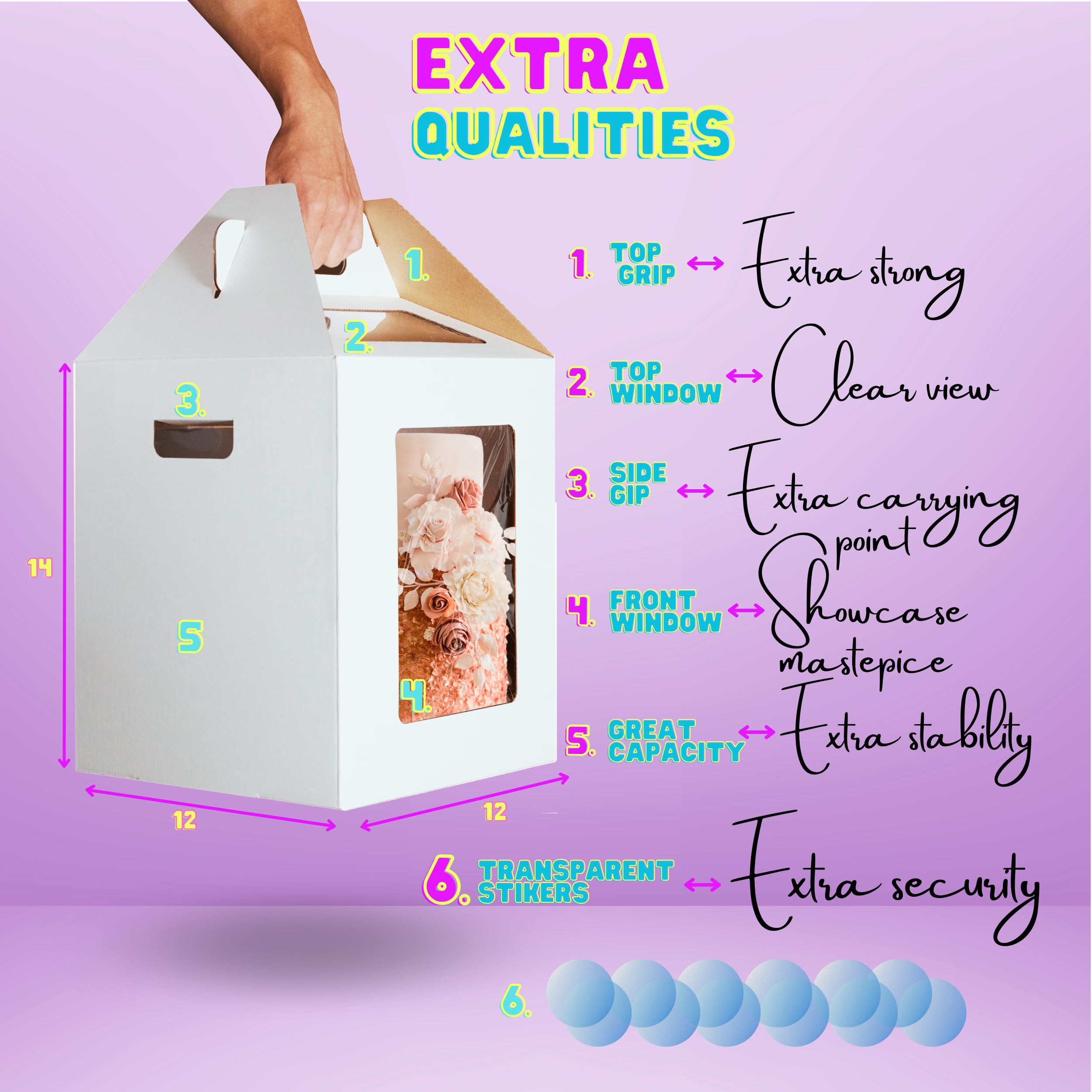 BOOMBE 12x12x14 Inch Tall Cake Boxes with Lids & Handles - 6 Pack White Bakery Boxes with Window for Layer Cakes - Perfect for Wedding Cakes, Birthday Cakes & Professional Baking Display