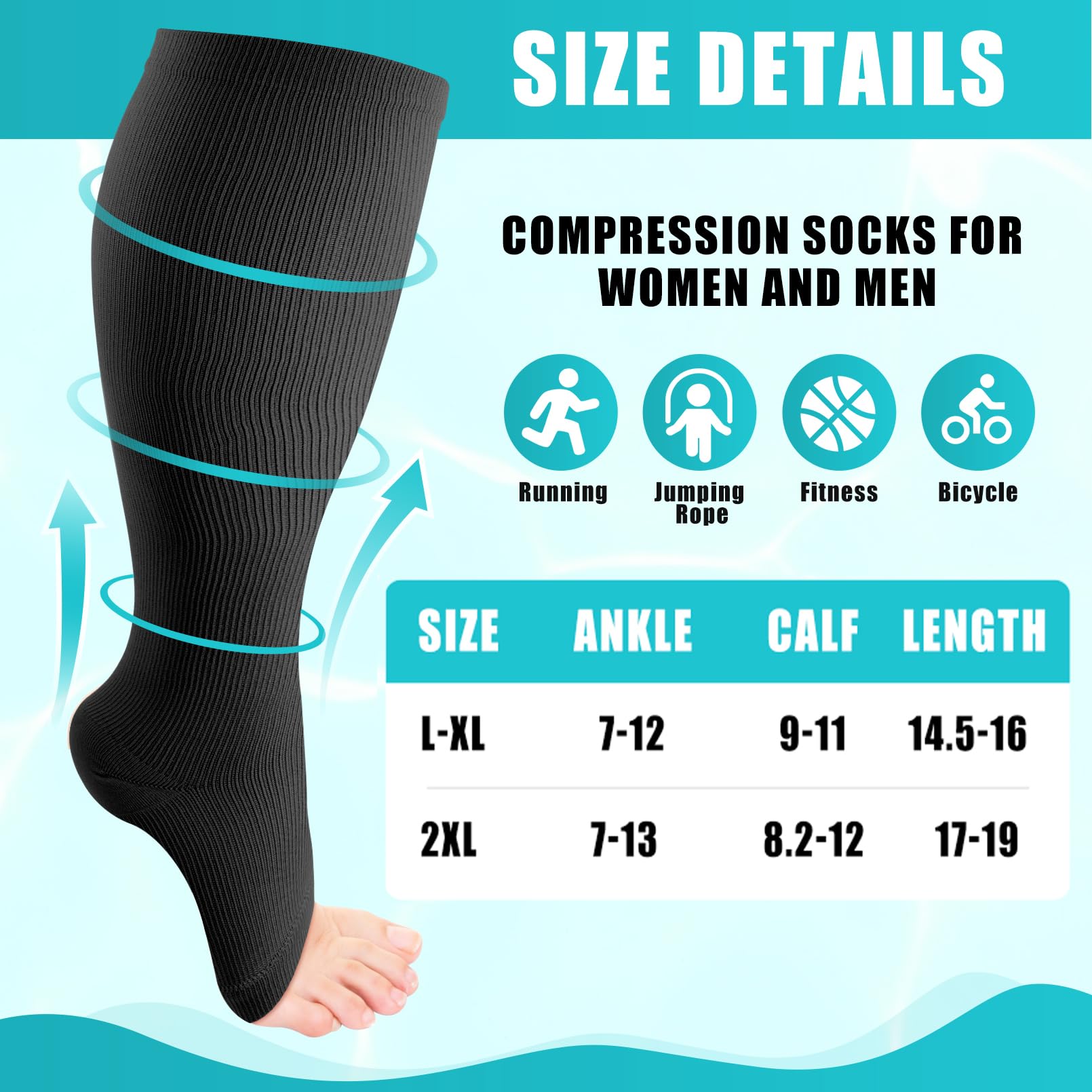 4 Pairs Open Toe Compression Socks 15-20 mmHg - Breathable Knee-High Stockings for Women & Men - Doctor-Recommended Circulation Support for Travel, Running & Varicose Vein Relief